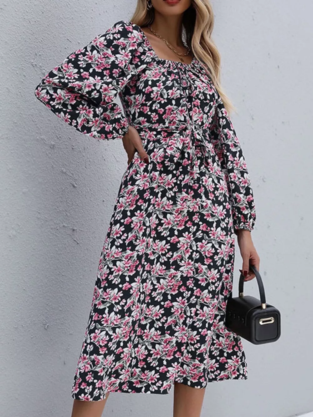 Floral Print Long Sleeve Midi Dress, image 4
