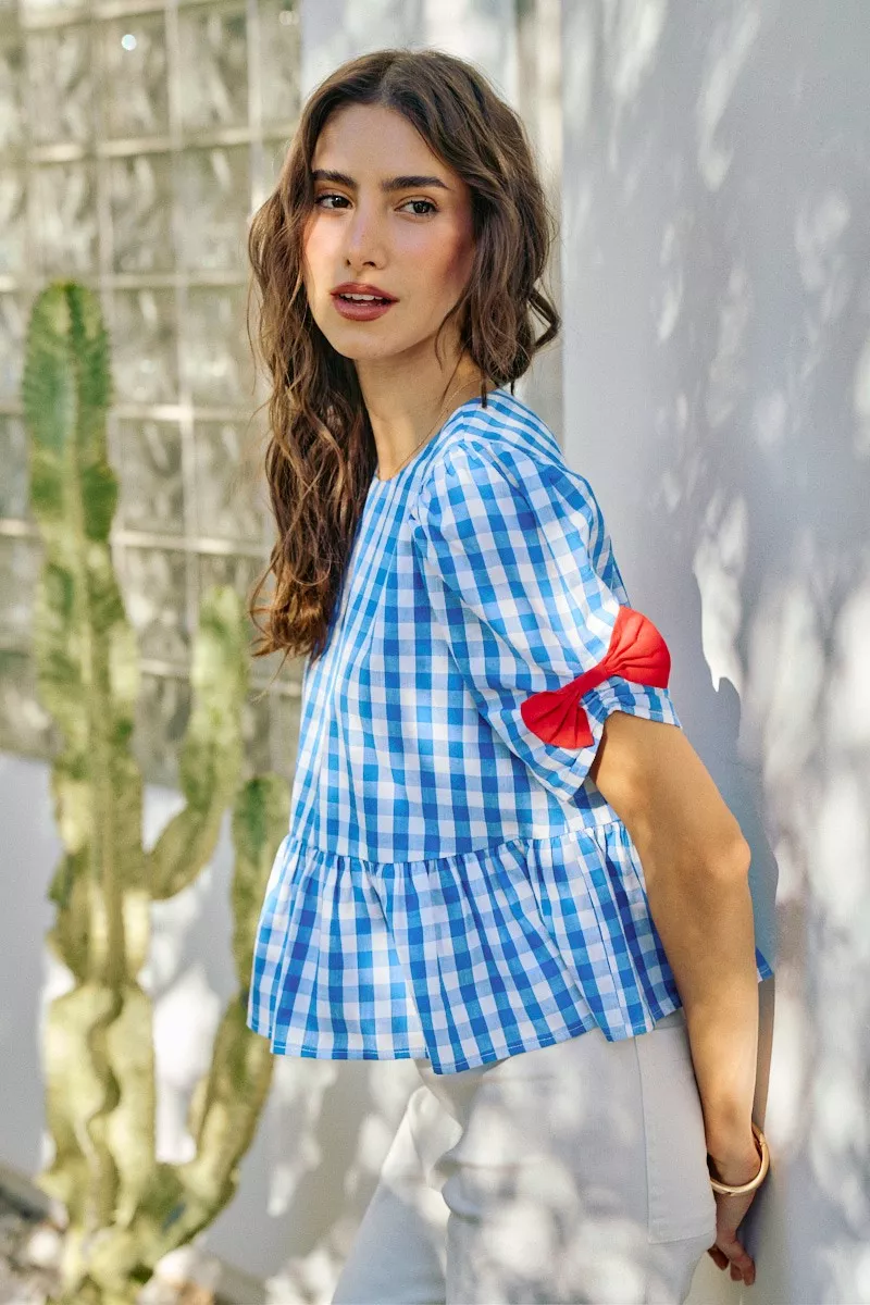 4th Of July Gingham Ribbon Detail Short Sleeves Blouse, image 6