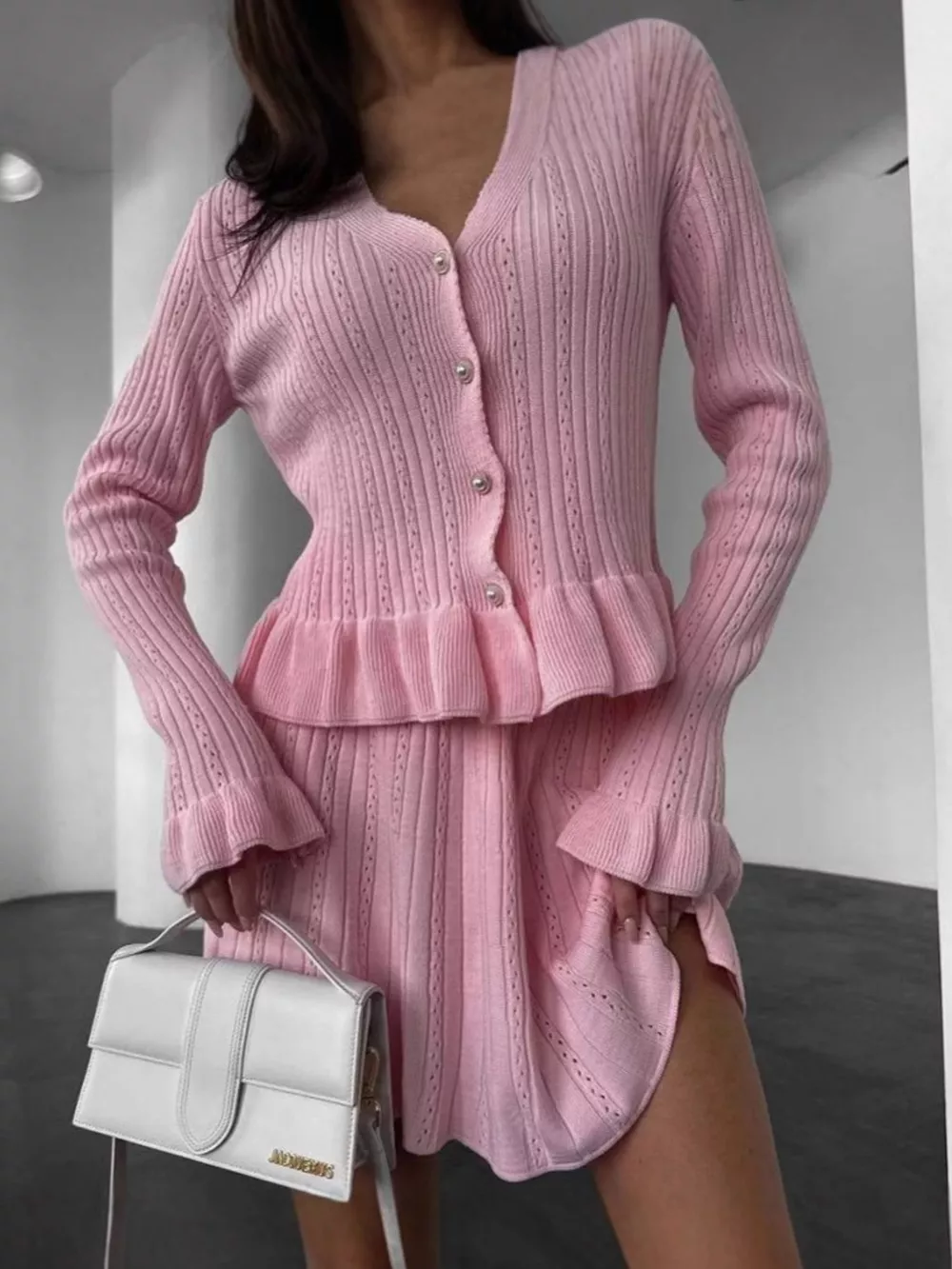 Ruffle Trim Knit Cardigan & Skirt Set