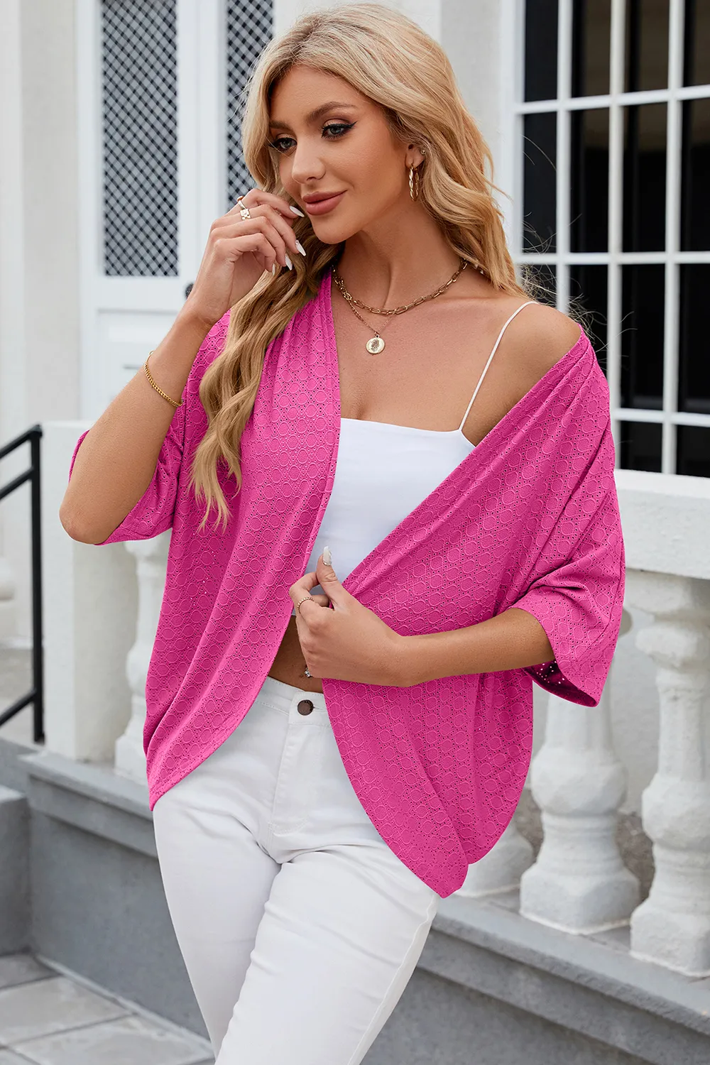 Eyelet Open Front Half Sleeve Cardigan, image 19