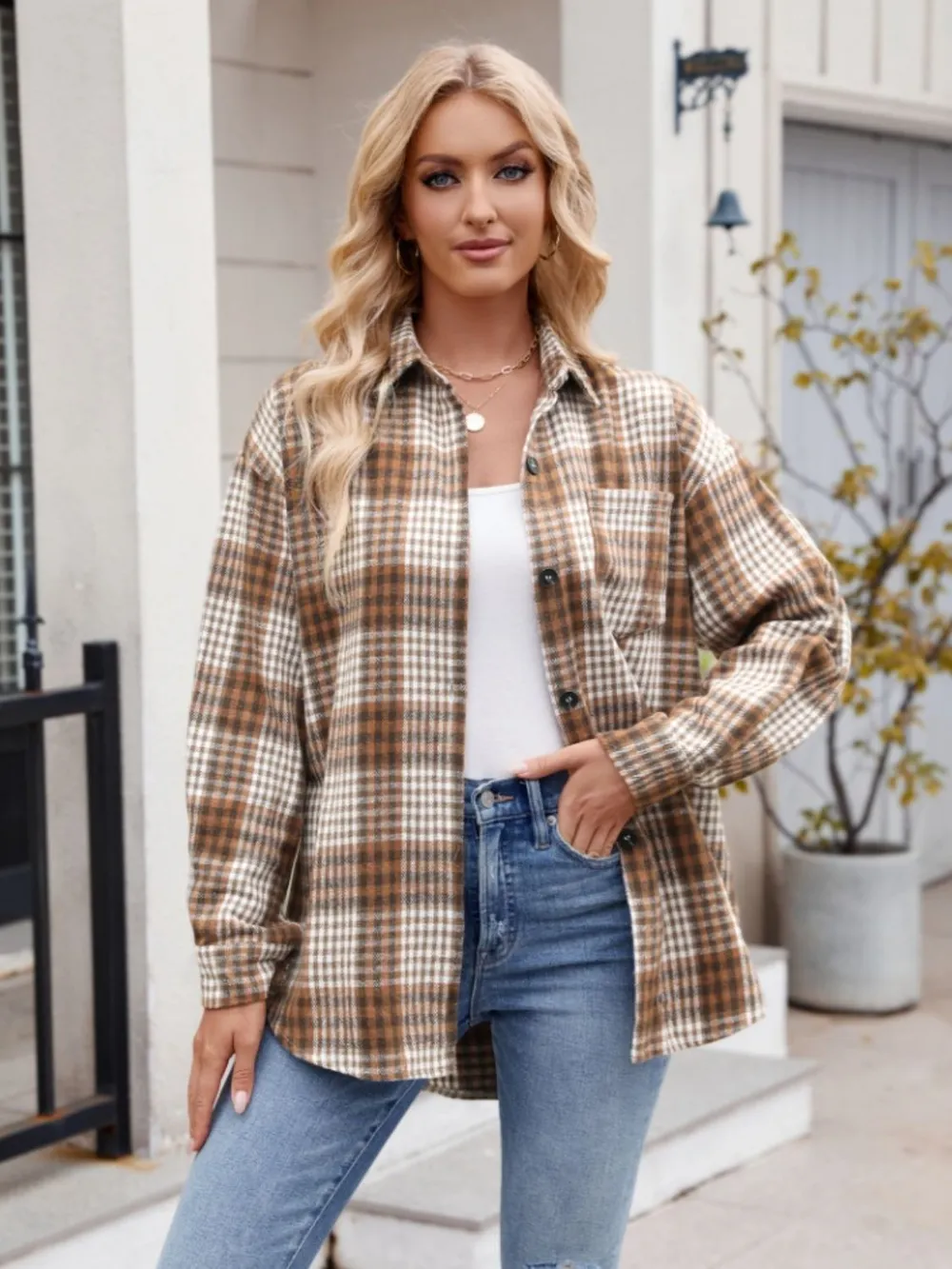 Pocketed Plaid Collared Neck Long Sleeve Shirt, image 5