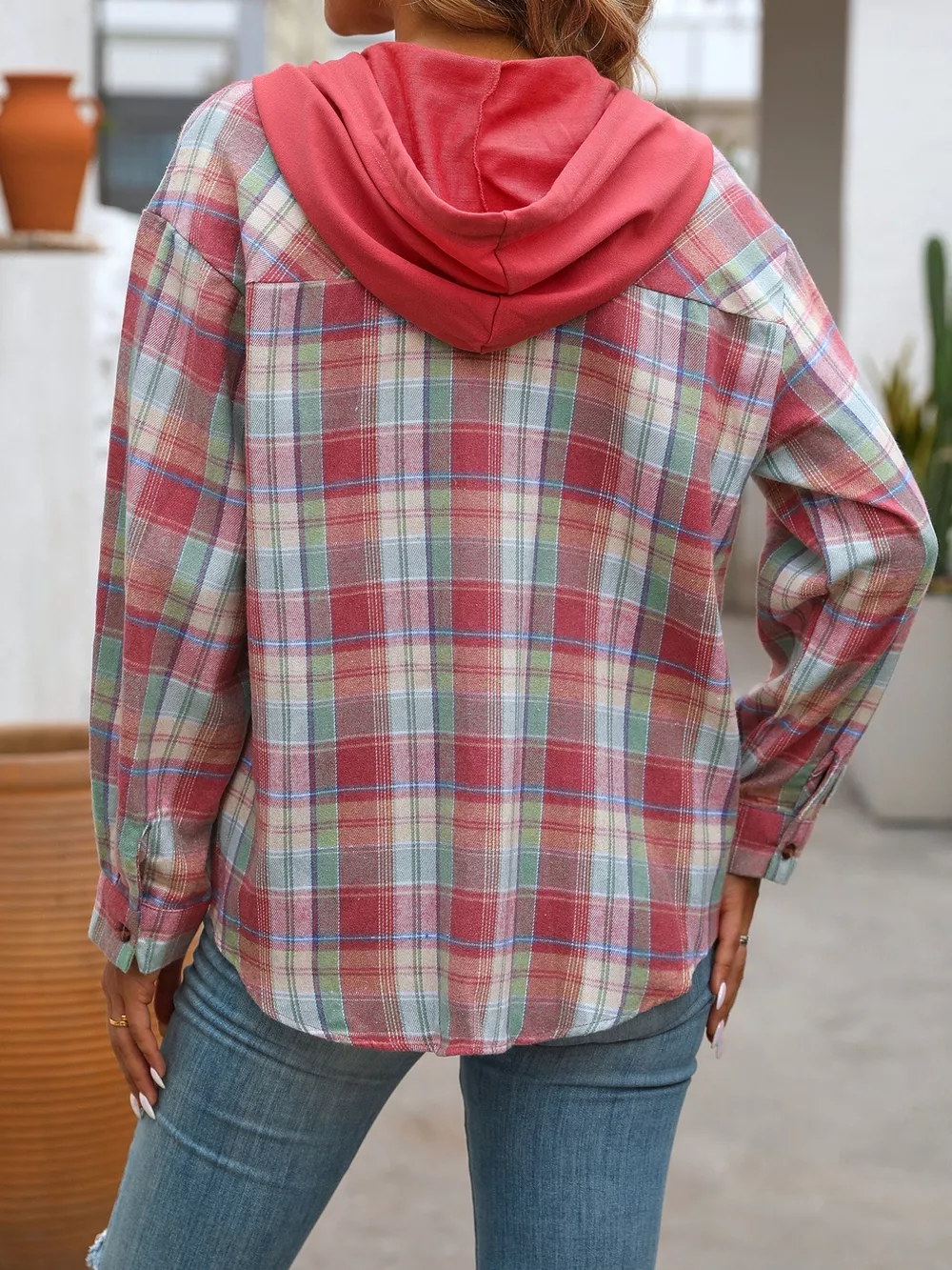 Plaid Button-Up Hooded Shirt with Chest Pocket, image 20