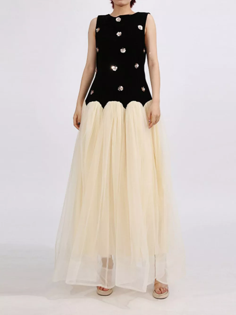 Contrast Flower Sleeveless Tulle Maxi Dress, image 3