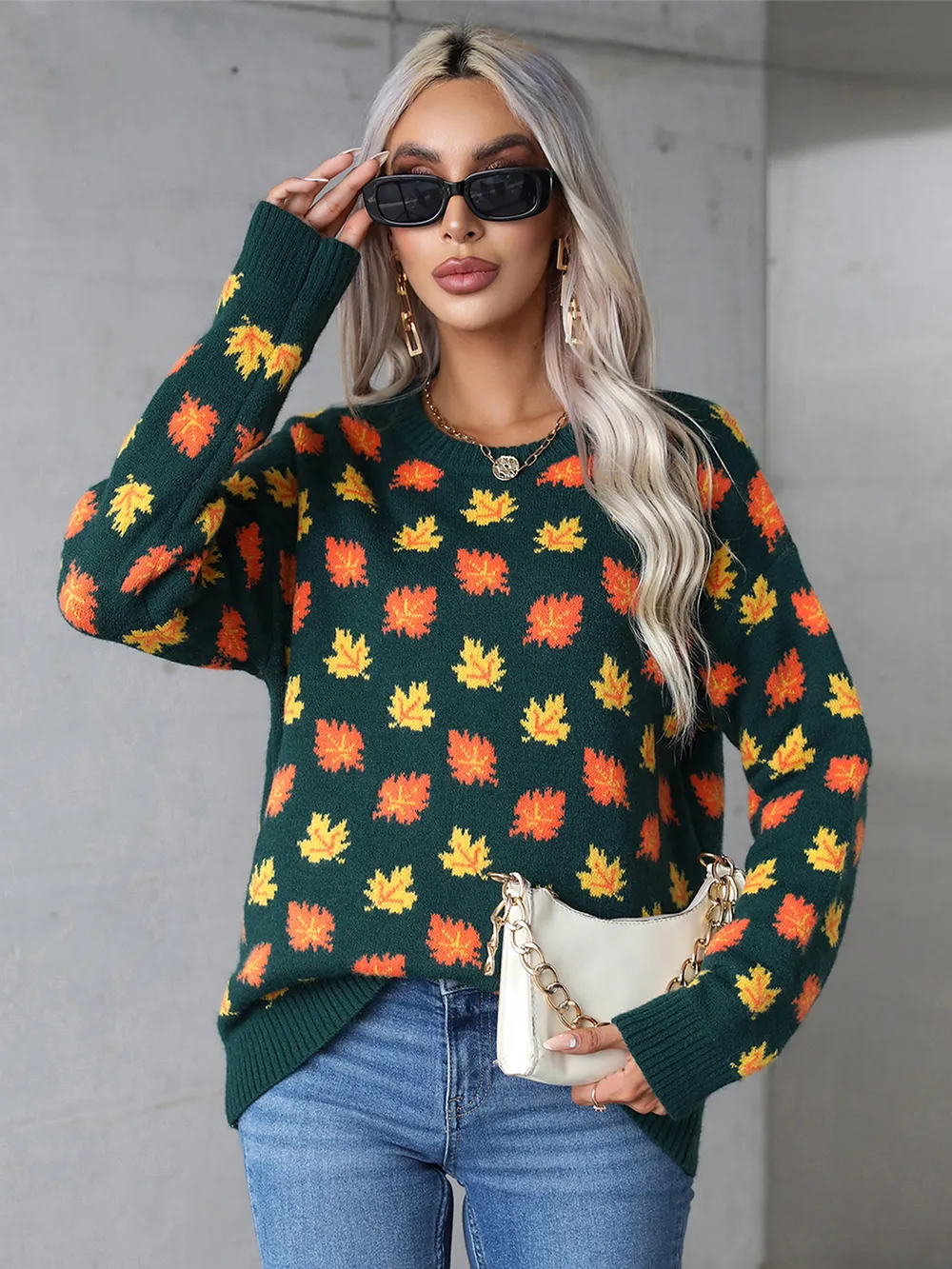 Maple Leaf Round Neck Long Sleeve Sweater, image 8