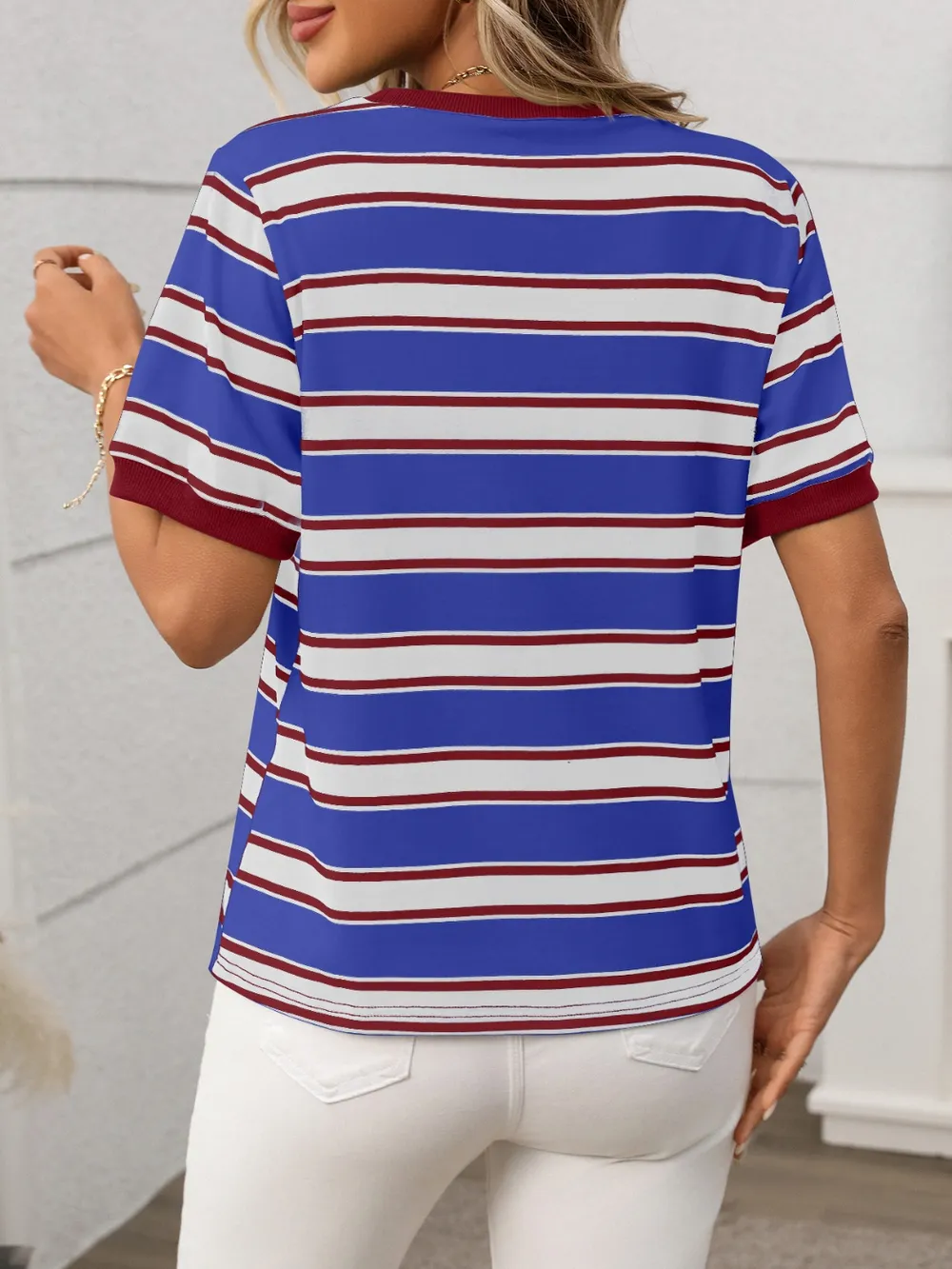 Contrast Striped Round Neck Short Sleeve T-Shirt, image 18