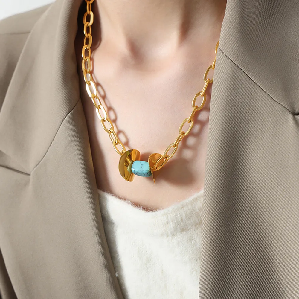 Natural Stone Pendant Titanium Steel Necklace, image 5