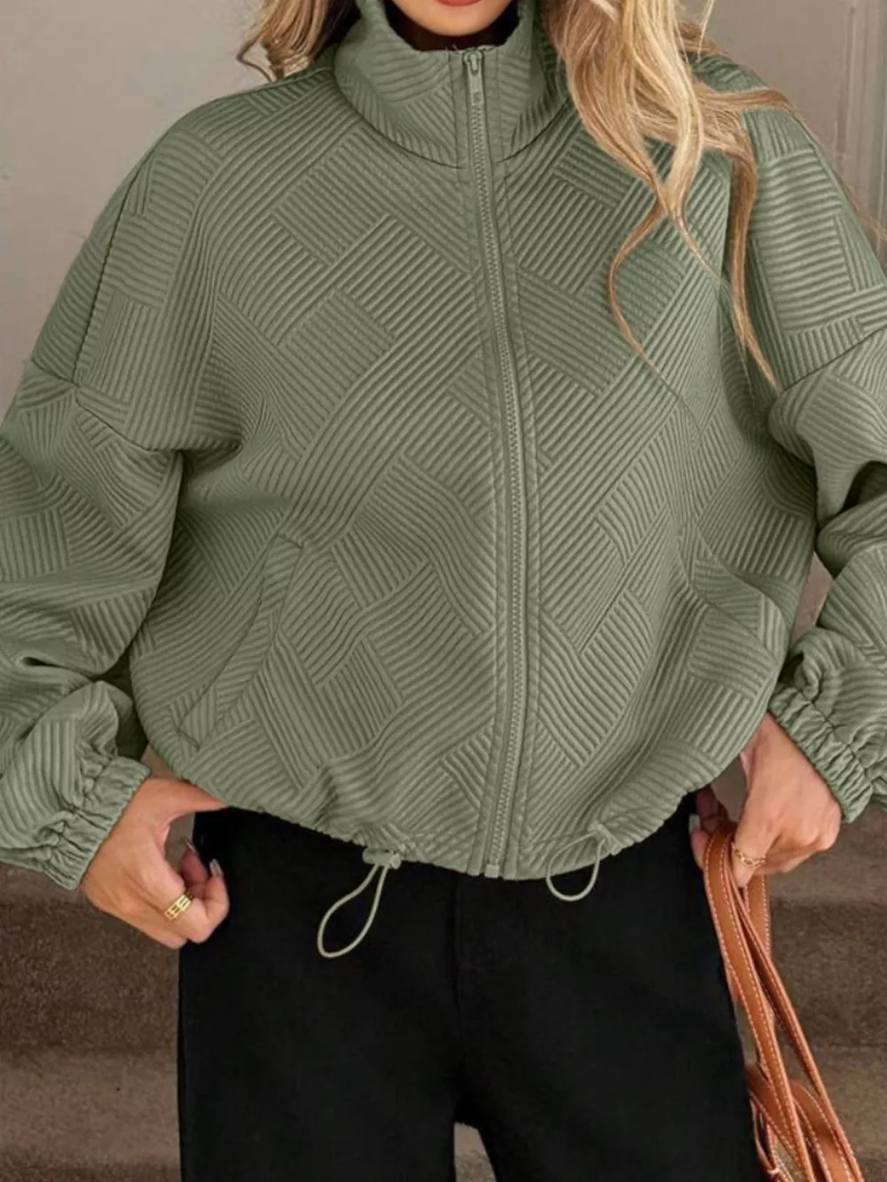 Textured Zip-Up Drawstring Hem Jacket, image 16