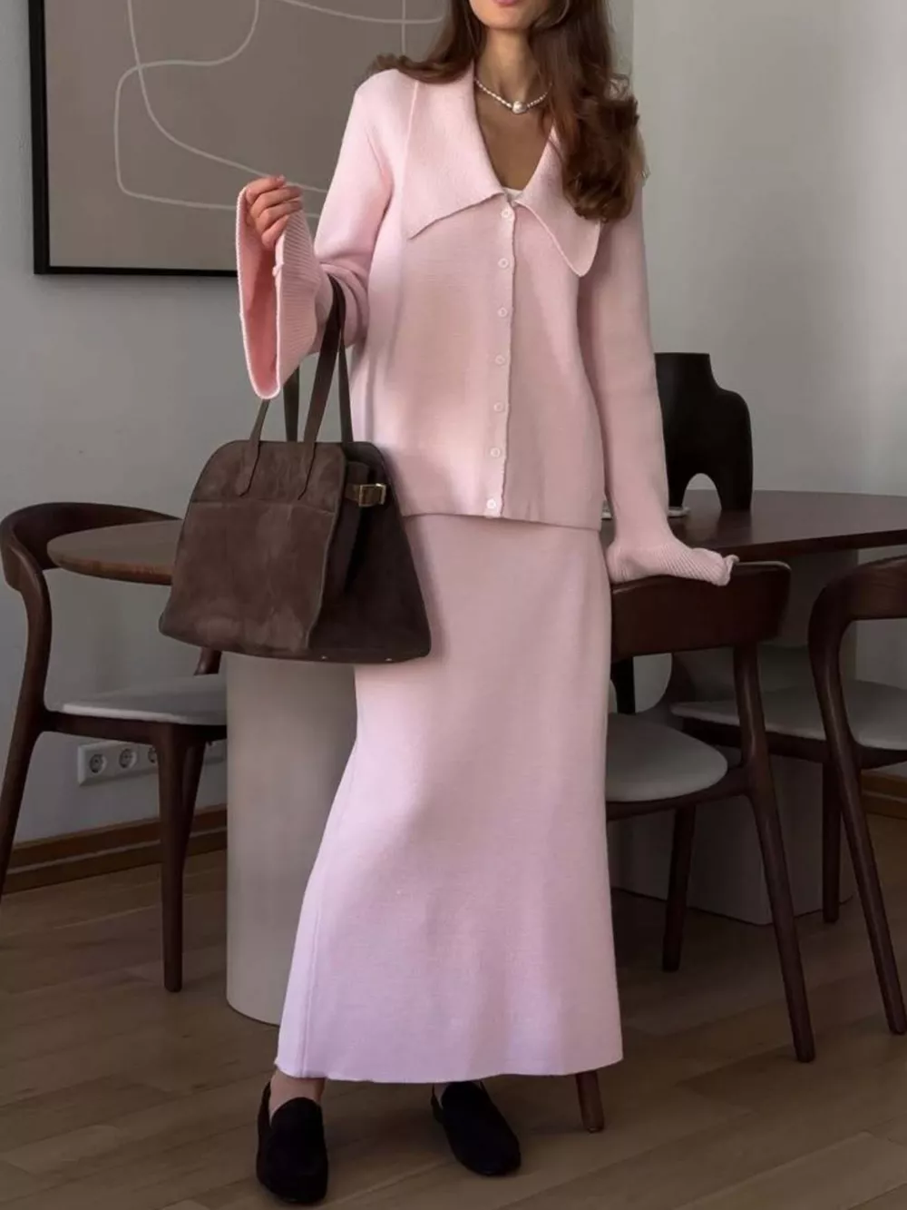 Button Down Long Sleeve Cardigan and Skirt Knit Set, image 13