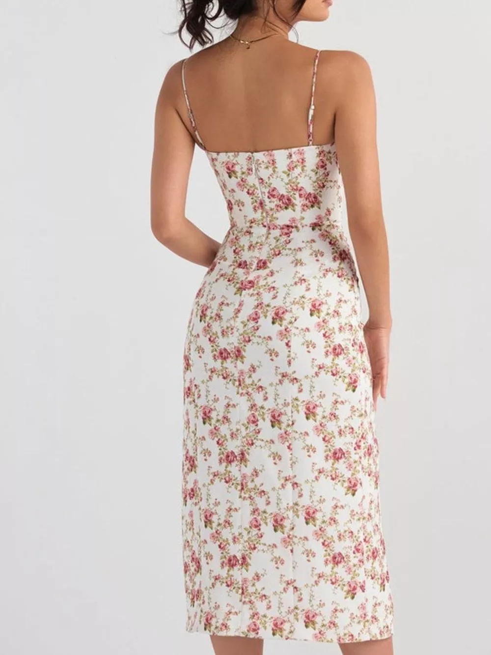 Floral Print Lace Trim Slit Midi Dress, image 8