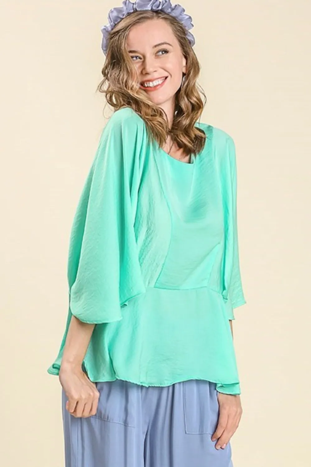 Full Size Satin Pleated Peplum Round Neck Blouse Plus Size, image 3