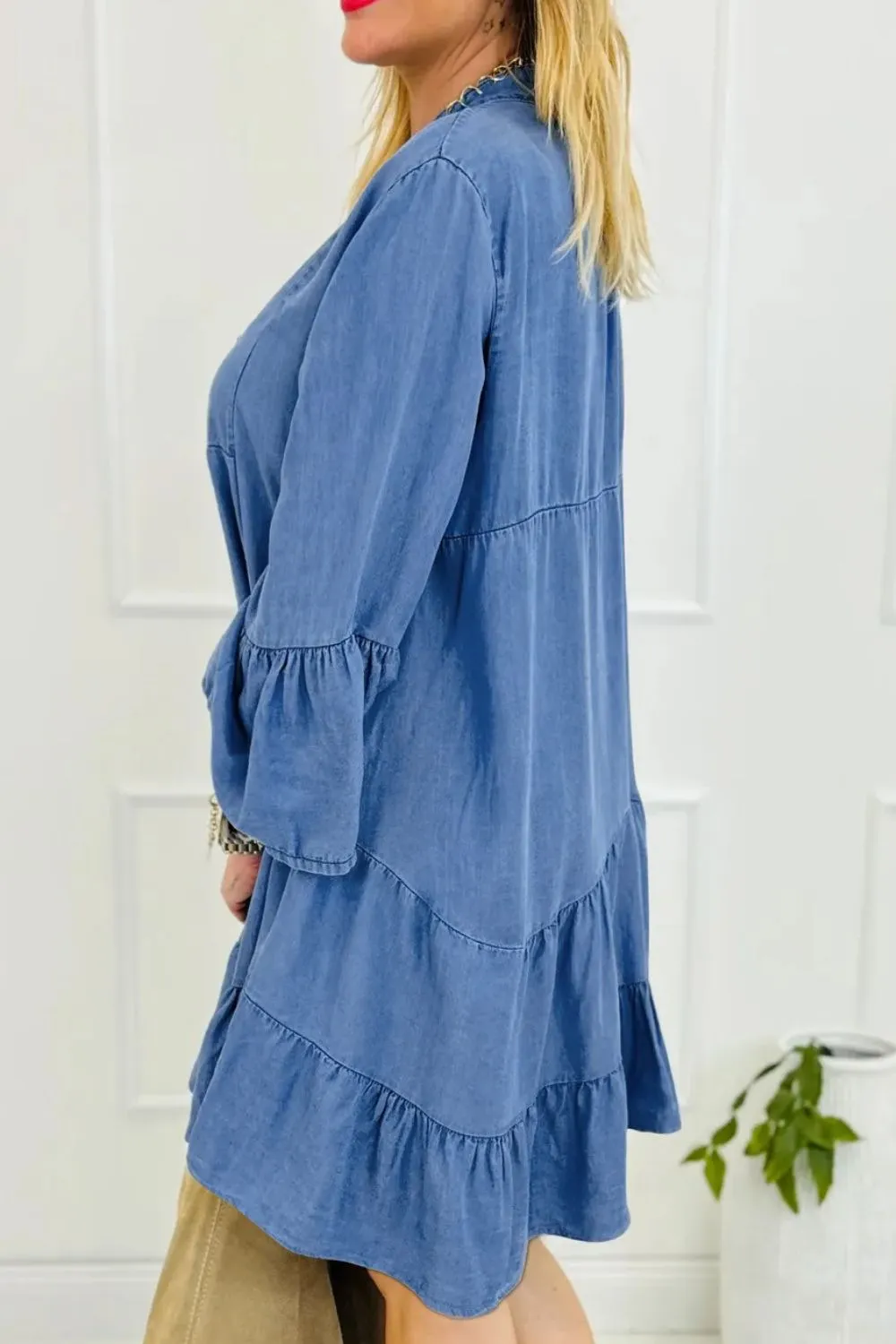 Notched Flare Sleeve Denim Dress, image 2
