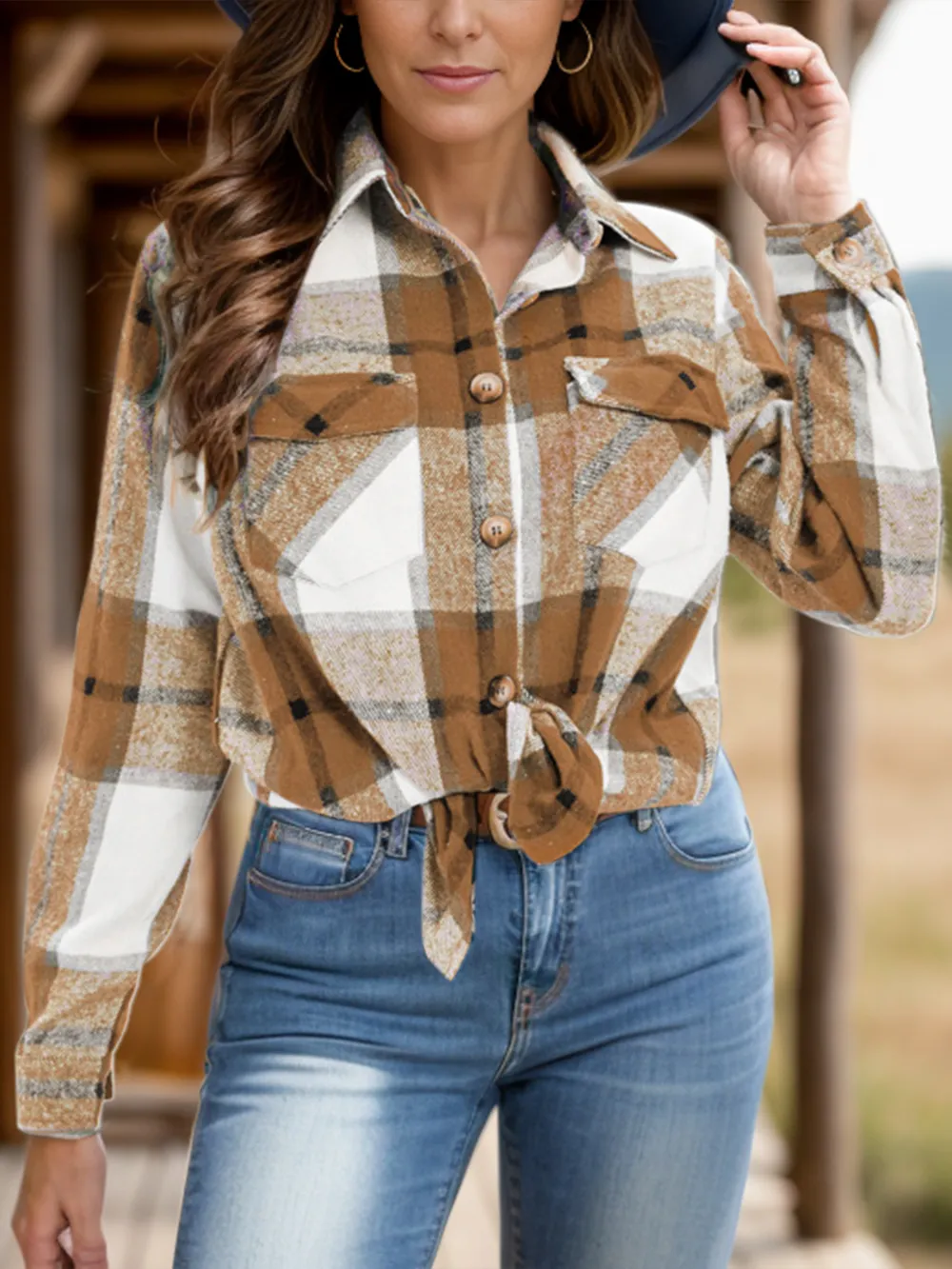 Full Size Pocketed Plaid Collared Neck Shacket, image 7