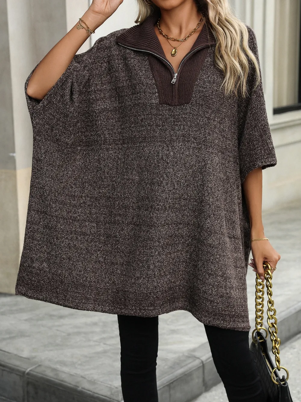 Slit Quarter Zip Half Sleeve Sweater, image 11