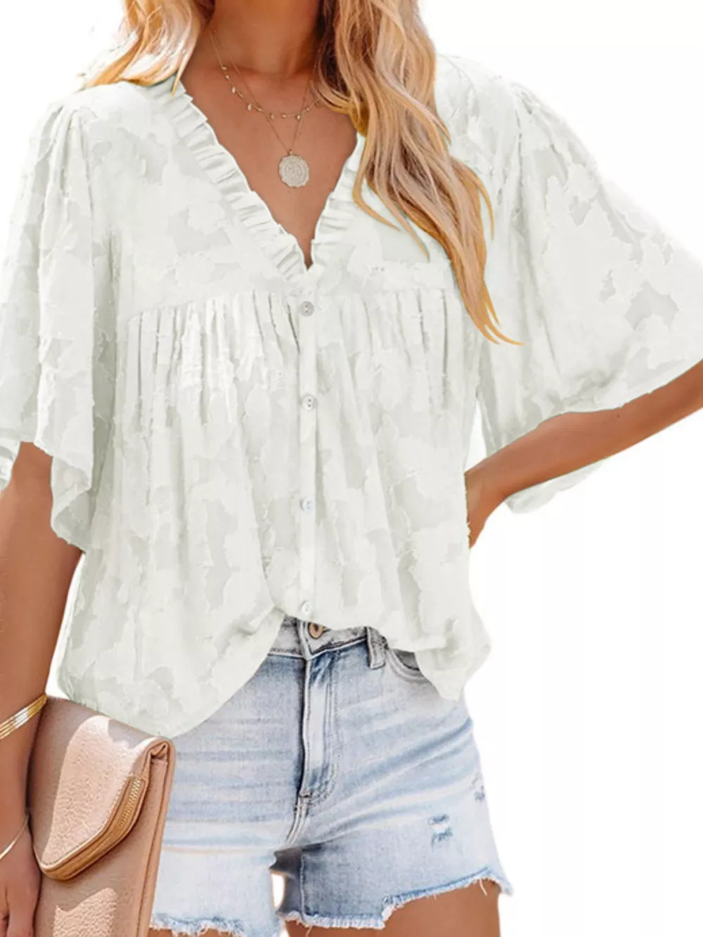 Full Size Textured V-Neck Button-Down Shirt Plus Size, image 6