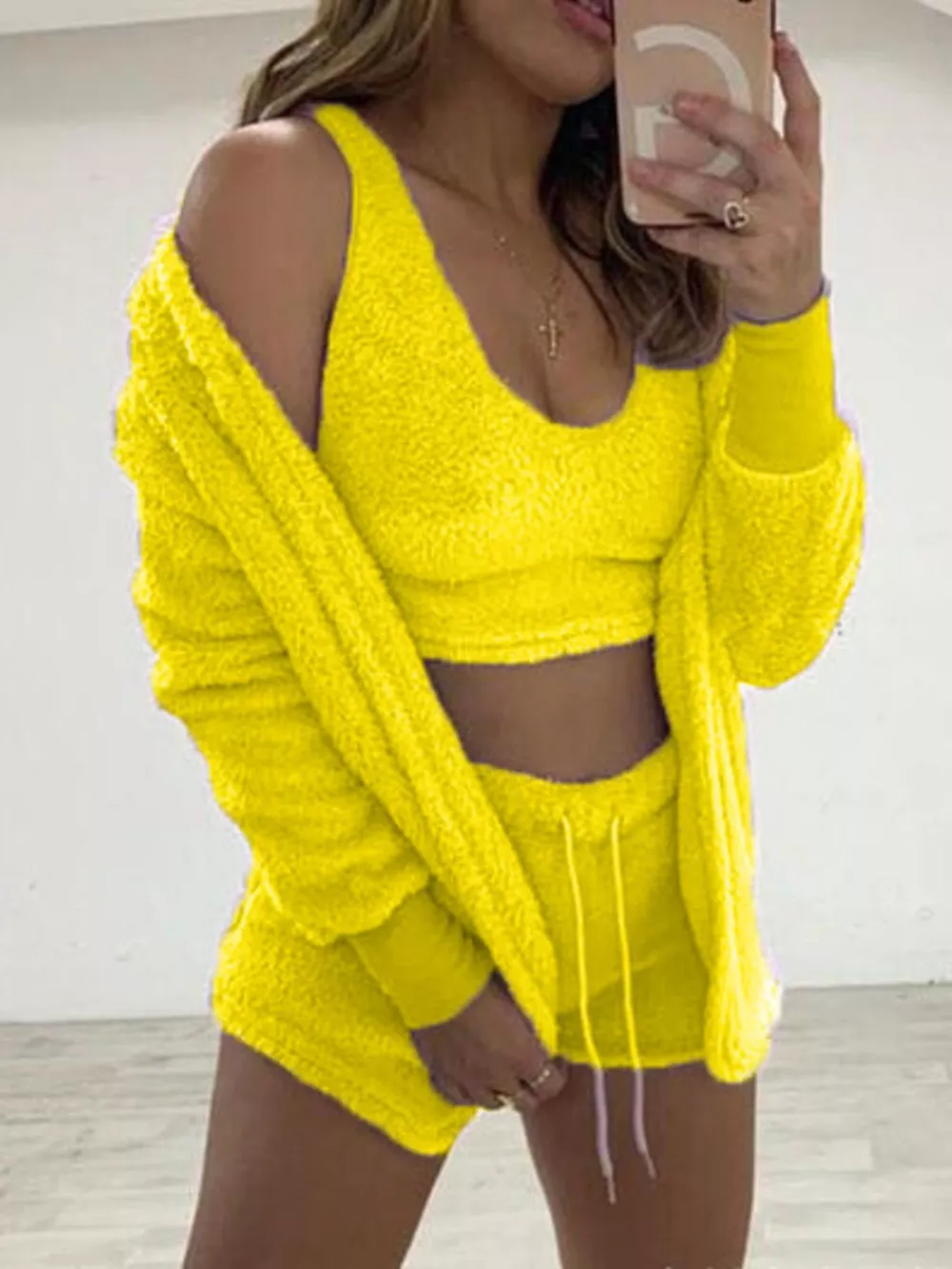 Full Size Fuzzy Tank & Cardigan and Shorts Three-Piece Set Plus Size, image 19
