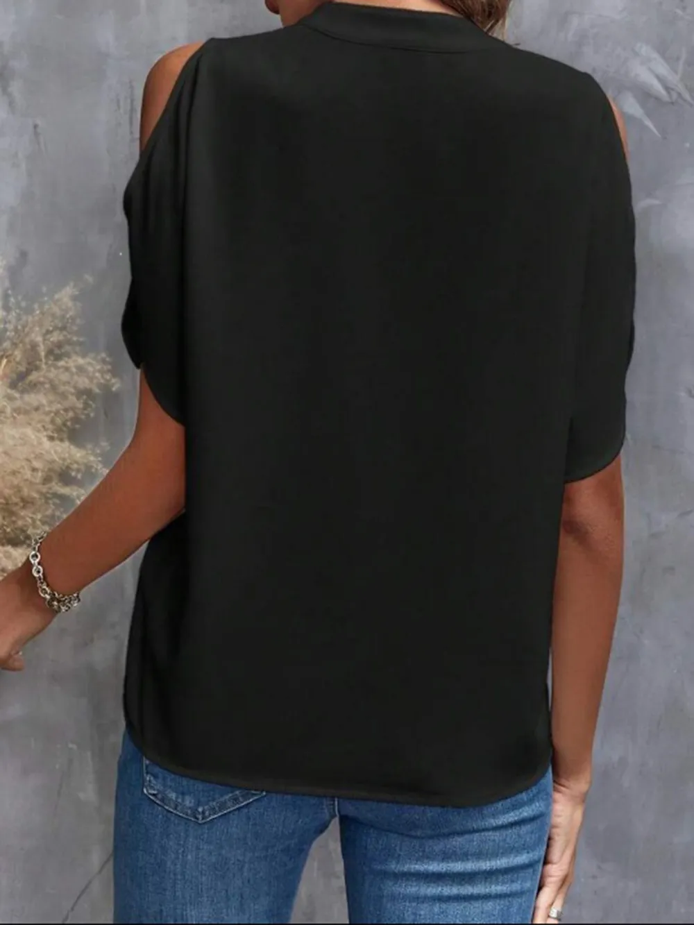 Notched Cold Shoulder Half Sleeve Blouse, image 12