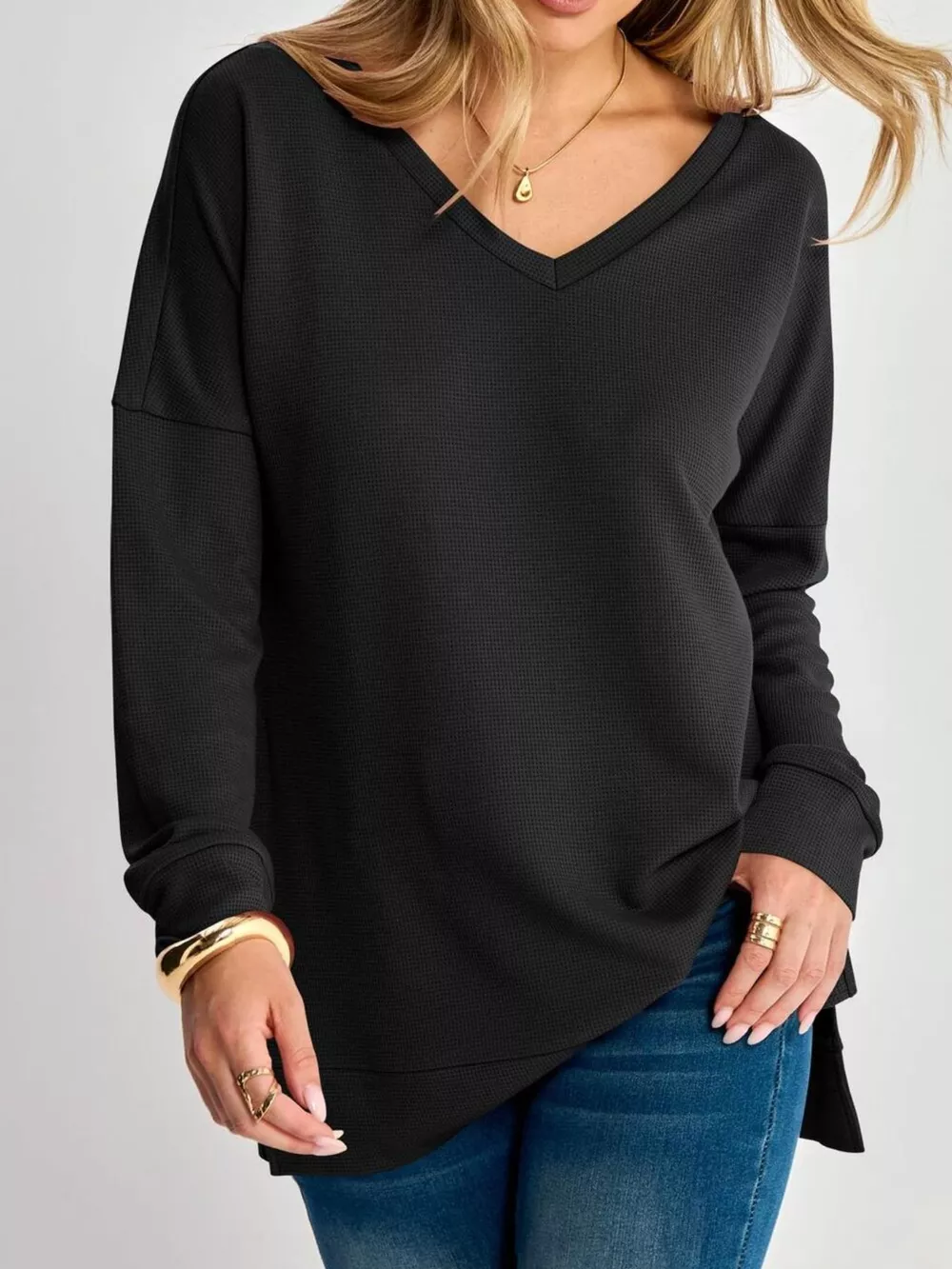 Side Slit Waffle Knit V-Neck T-Shirt, image 2