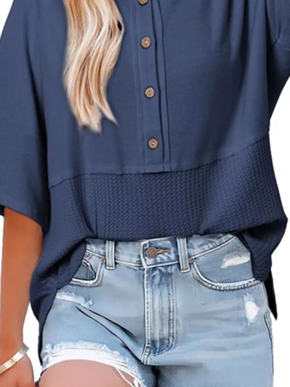 Button Detail Texture Knit T-Shirt, image 5