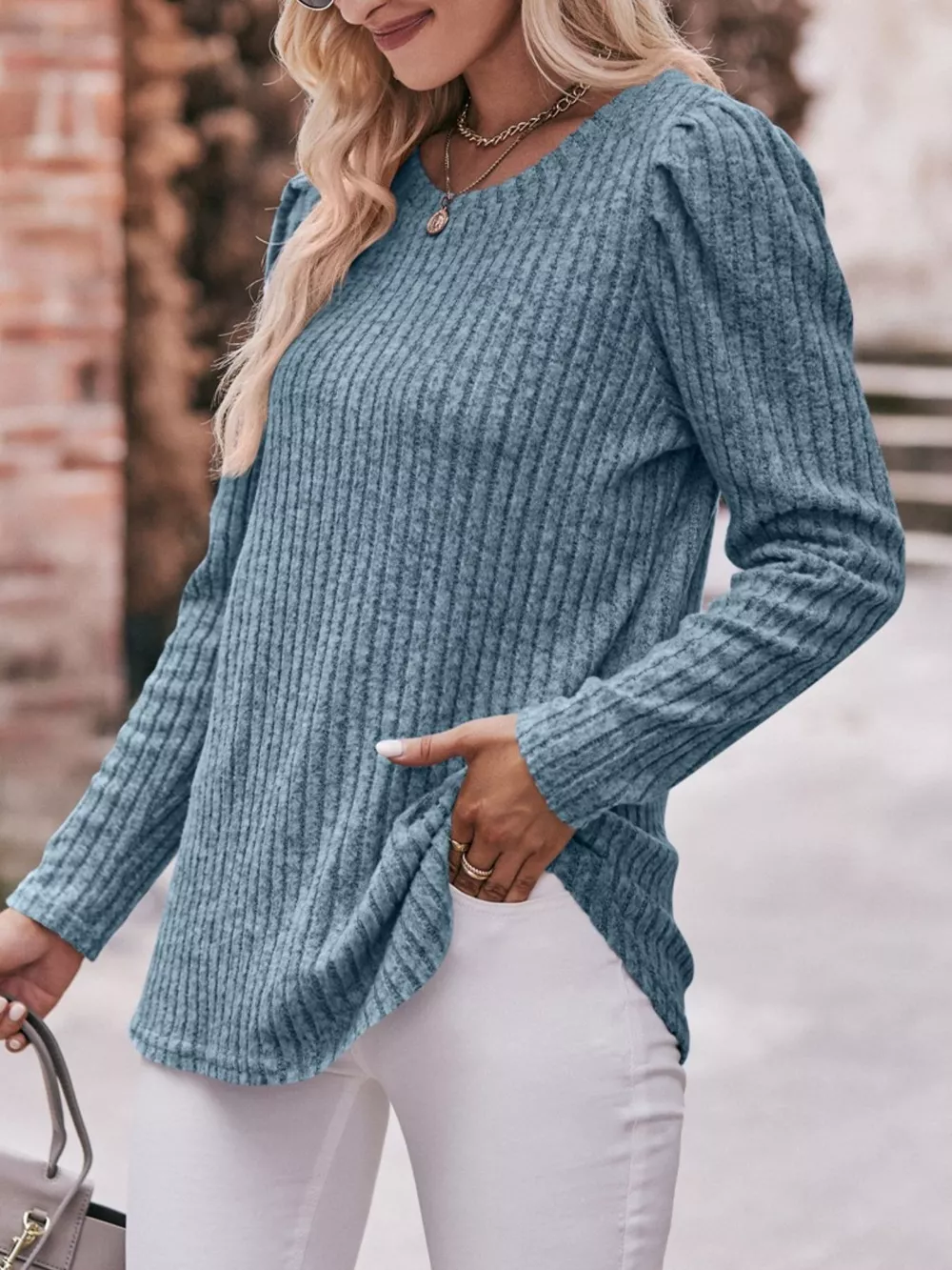 Ribbed Knit Puff Sleeve T-Shirt, image 14