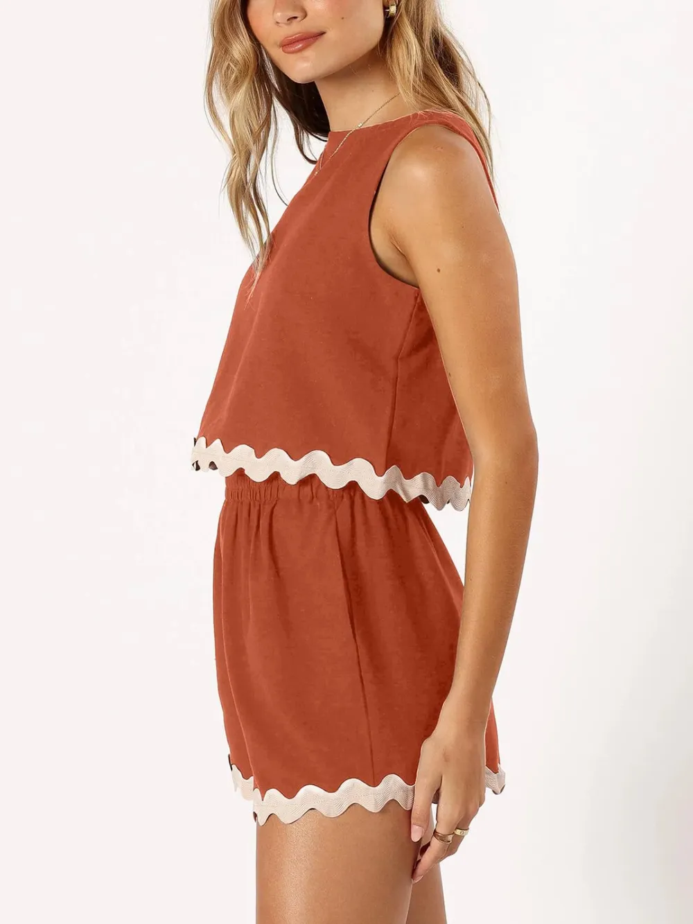 Contrast Trim Round Neck Top and Shorts Set, image 14