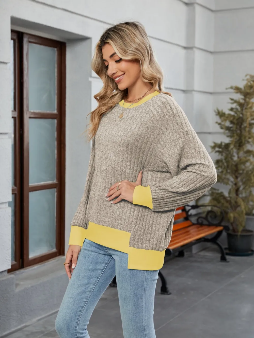 Contrast Trim Round Neck Long Sleeve T-Shirt, image 6