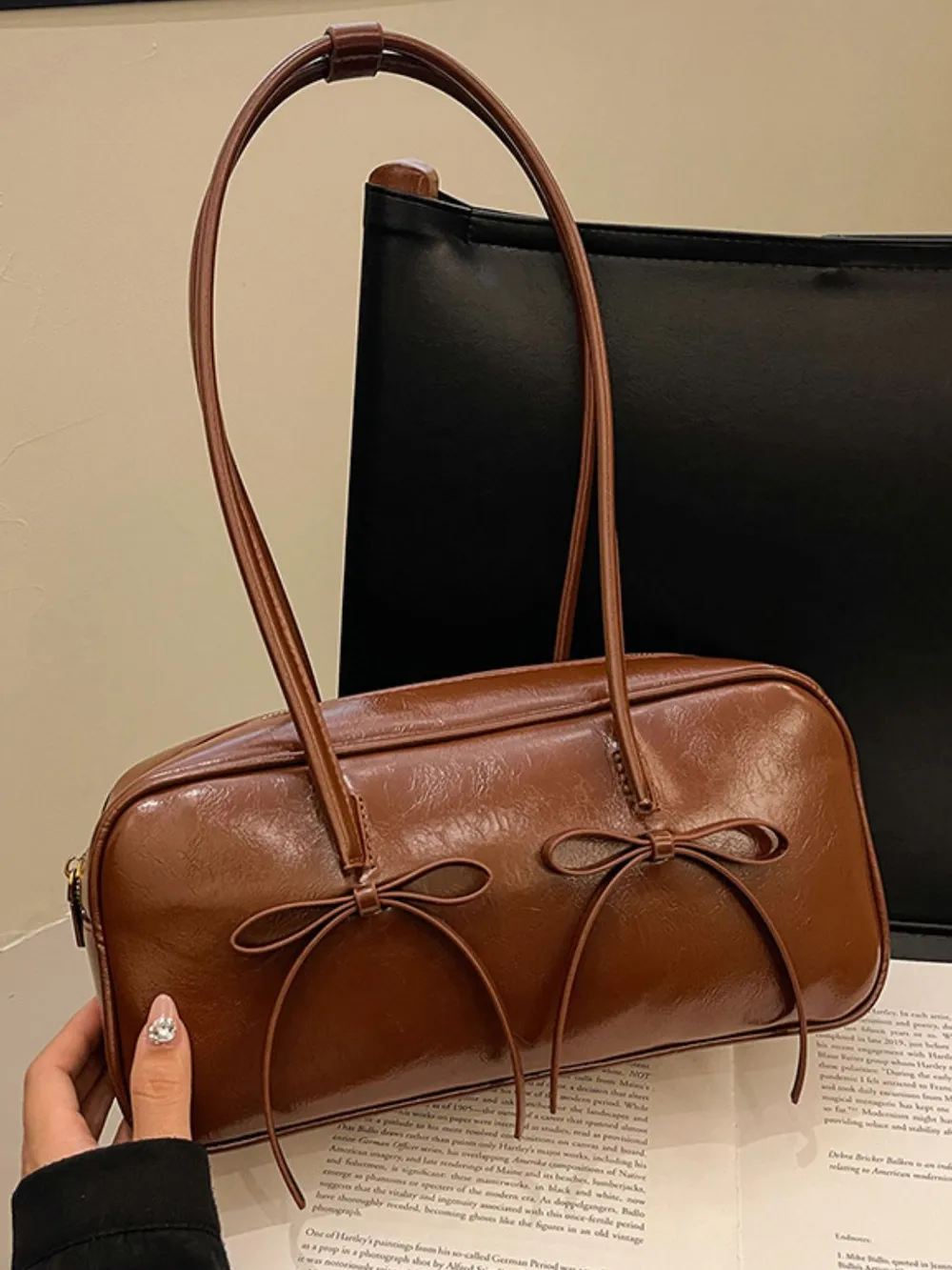 PU Leather Bow Trim Shoulder Bag, image 9