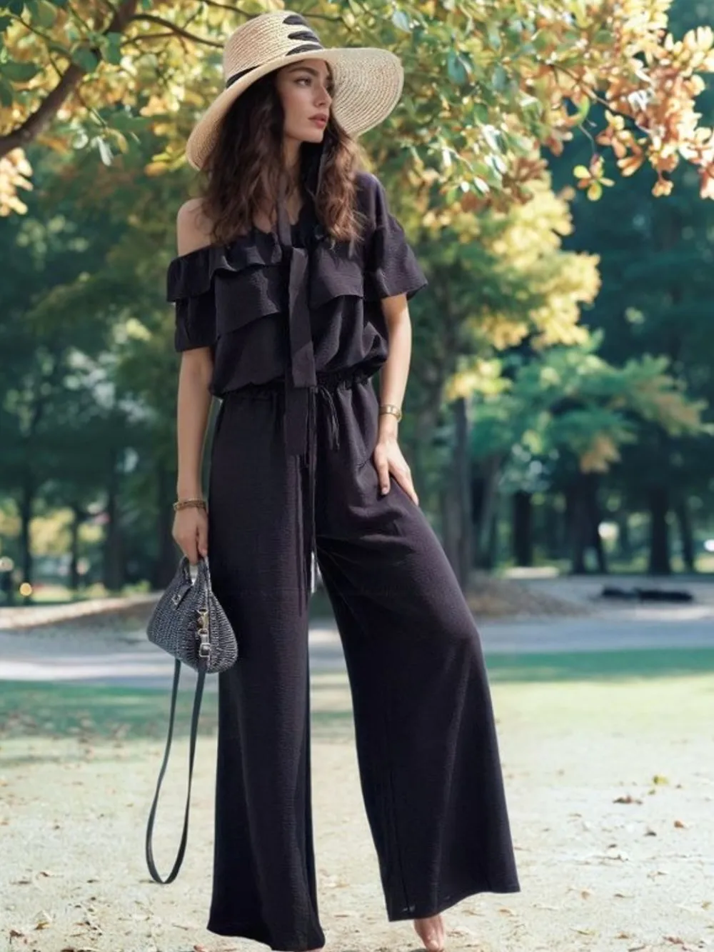 Ruffled Off Shoulder Wide Leg Jumpsuit
