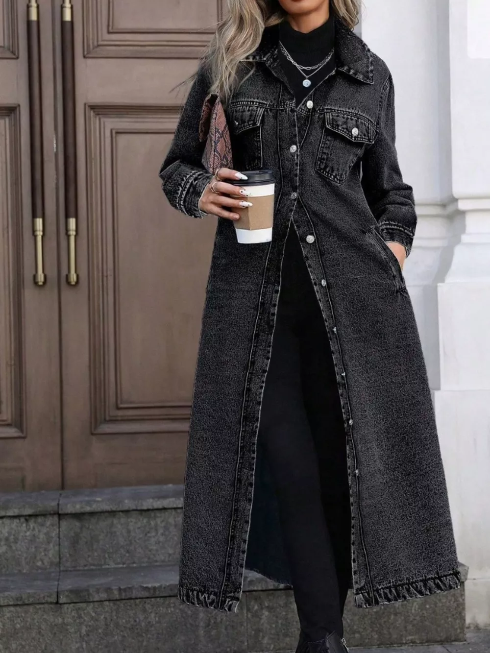 Longline Button-Front Denim Jacket, image 9