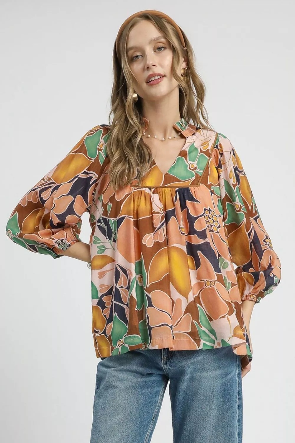 Multicolor Abstract Floral Print Blouse with Ruffle Neck