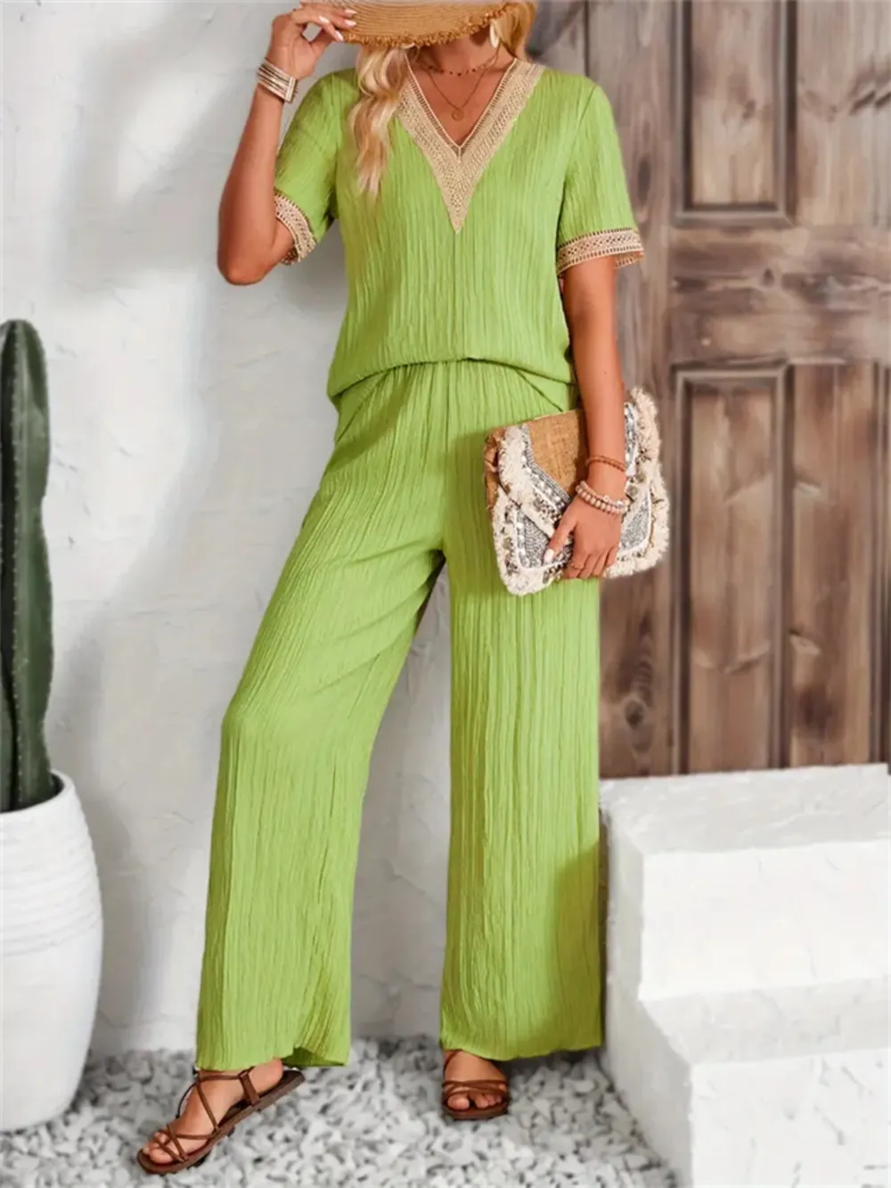 V-Neck Short Sleeve Top and Pants Set, image 3