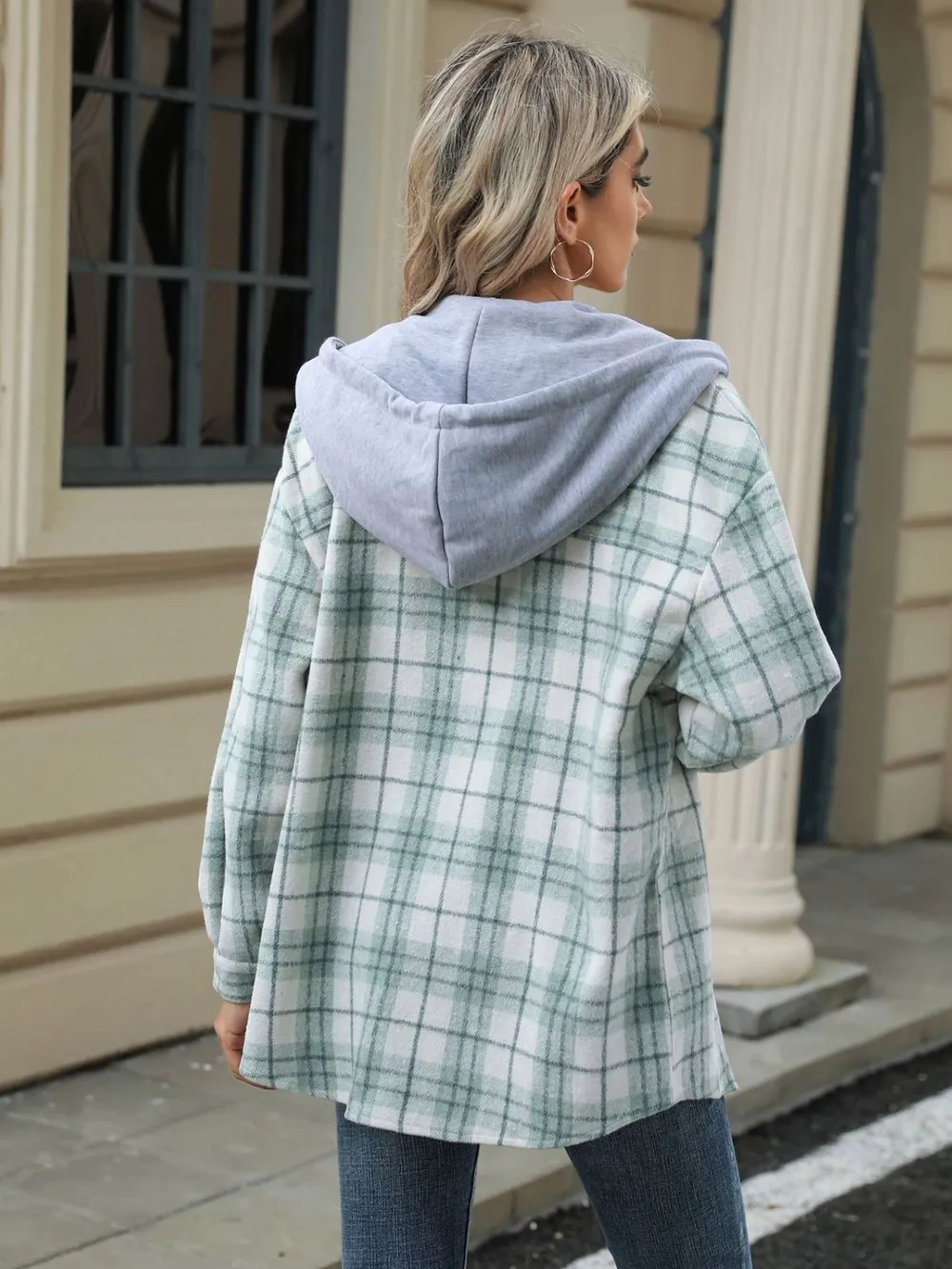 Drawstring Plaid Button Up Hooded Jacket, image 3