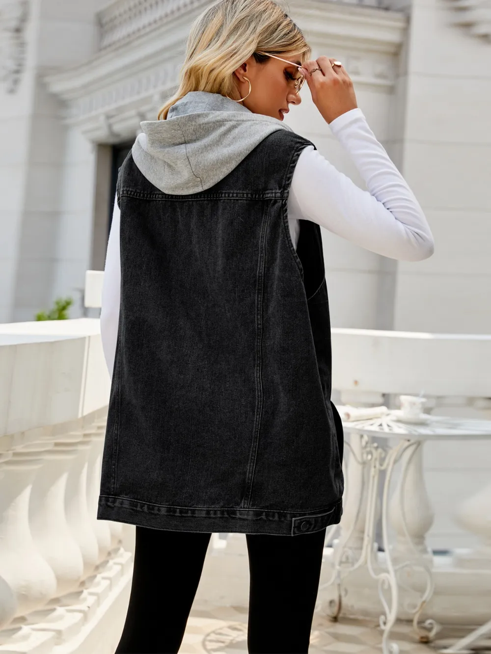 Drawstring Pocketed Button Up Sleeveless Denim Jacket, image 7
