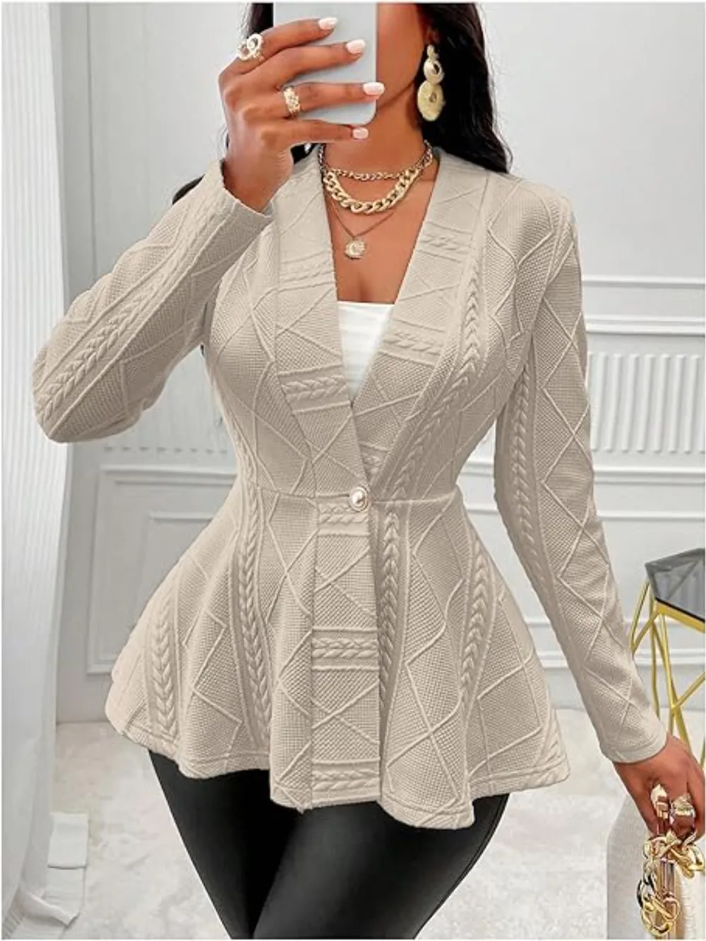 One Button Textured Peplum Cardigan, image 25