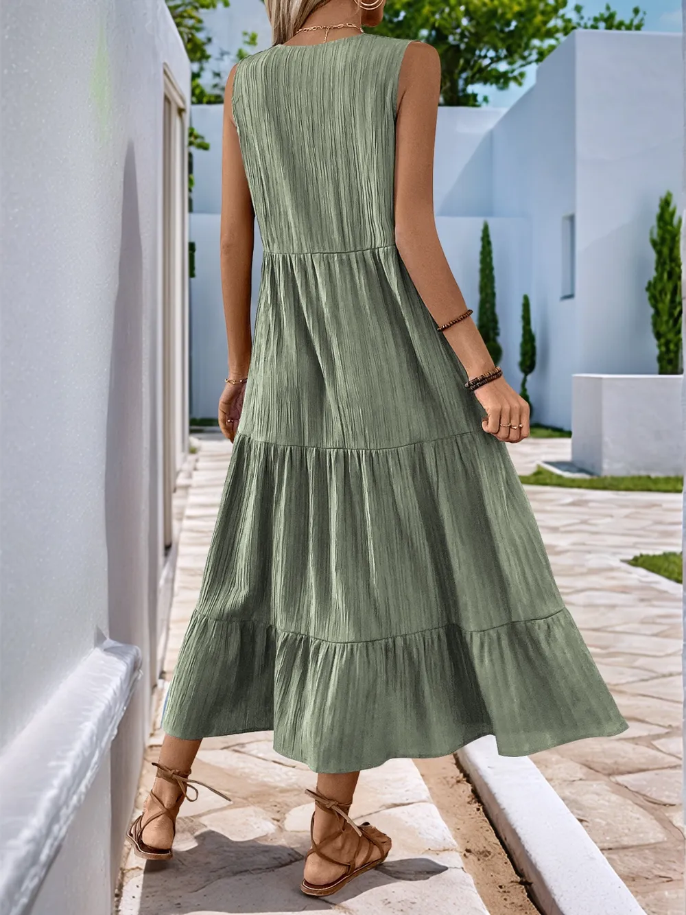 Notched Sleeveless Midi Tiered Dress, image 8