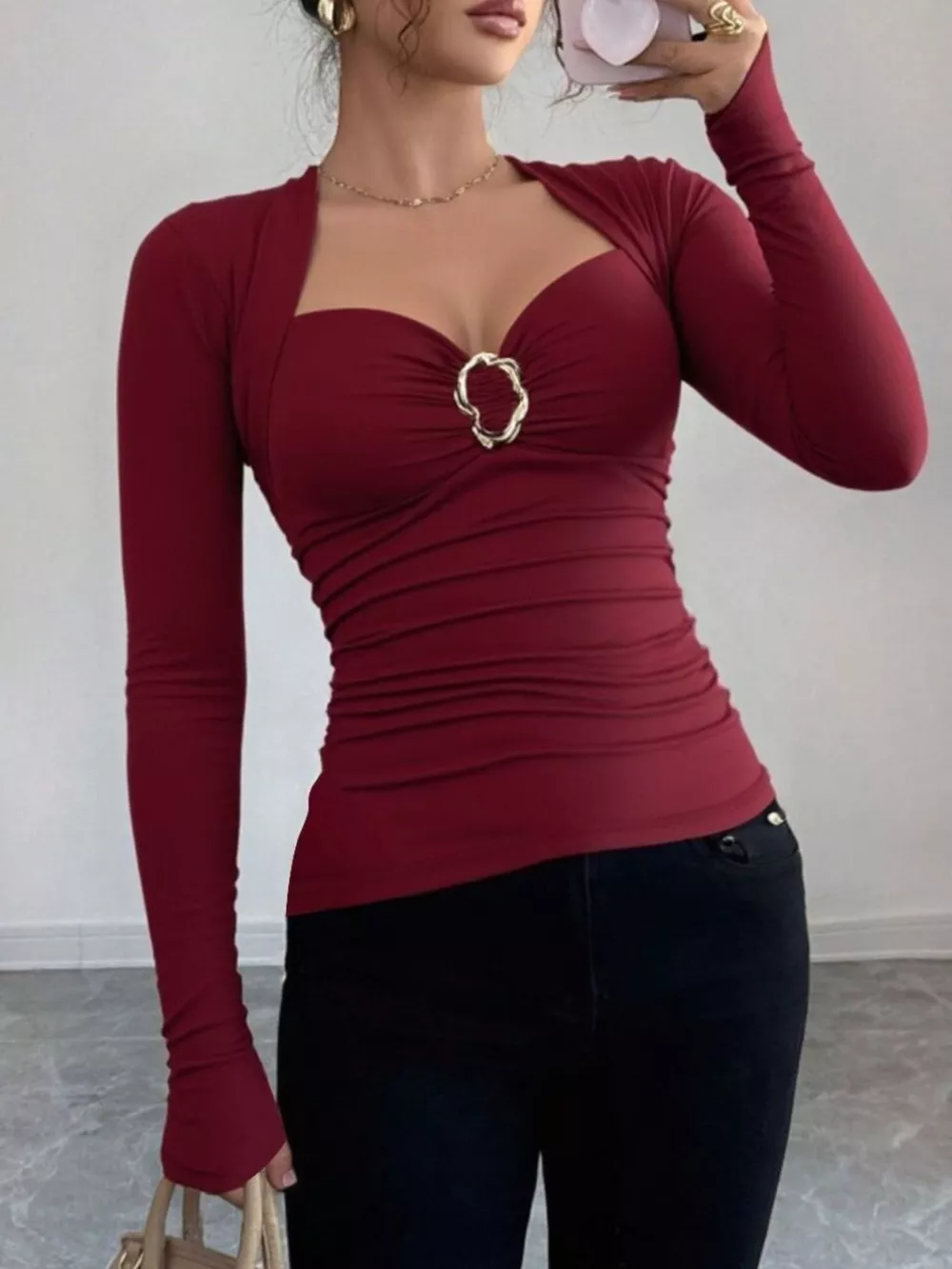 Elegant Ruched Long Sleeve Top with Buckle Detail, image 2