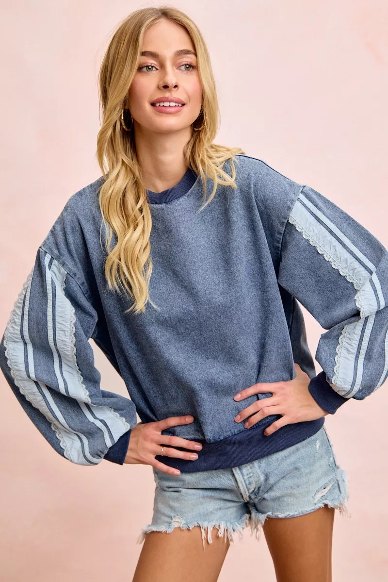 BiBi Washed Denim Lace Contrast Sided Sweatshirt, image 7
