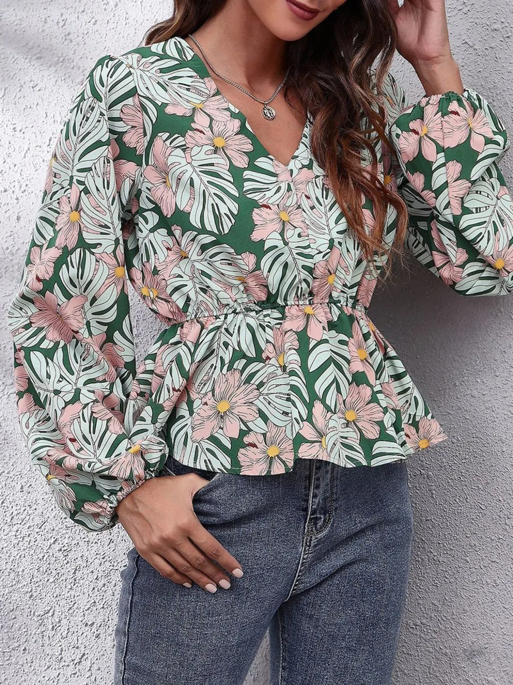 Floral V-Neck Balloon Sleeve Blouse