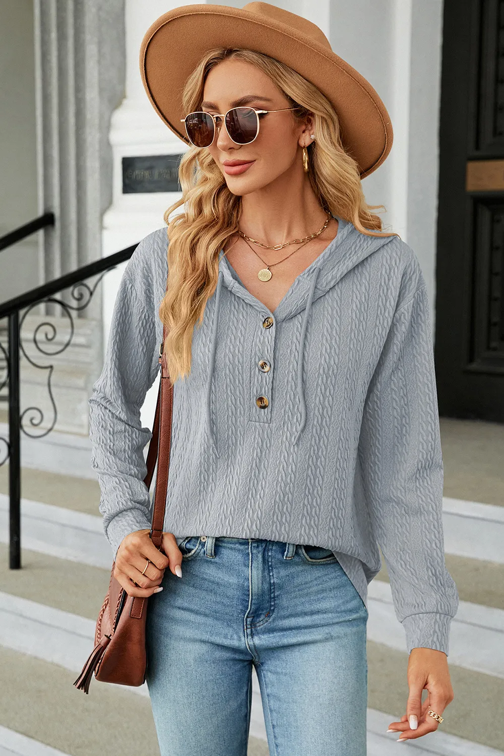 Drawstring Half Button Long Sleeve Hoodie, image 11