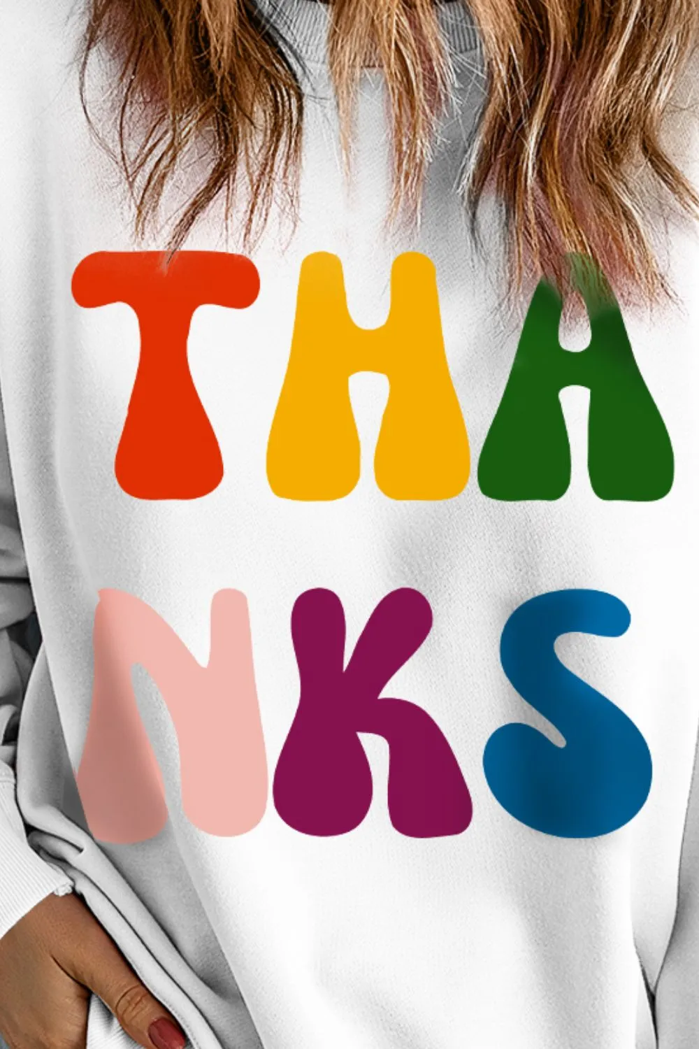 THANKS Round Neck Long Sleeve Sweatshirt, image 3