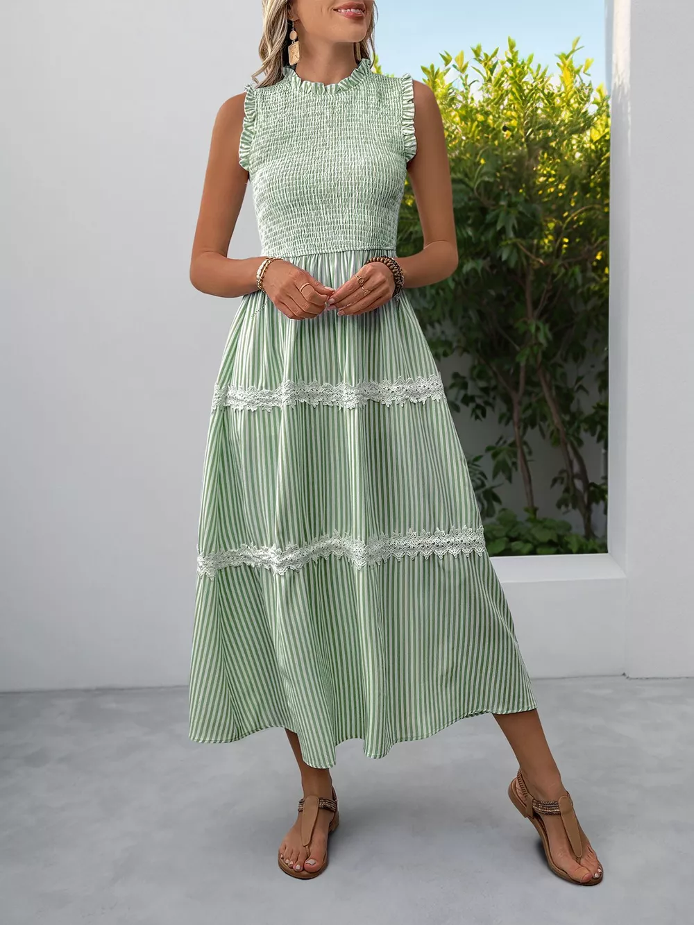 Smocked Striped Lace Trim Sleeveless Midi Dress, image 3