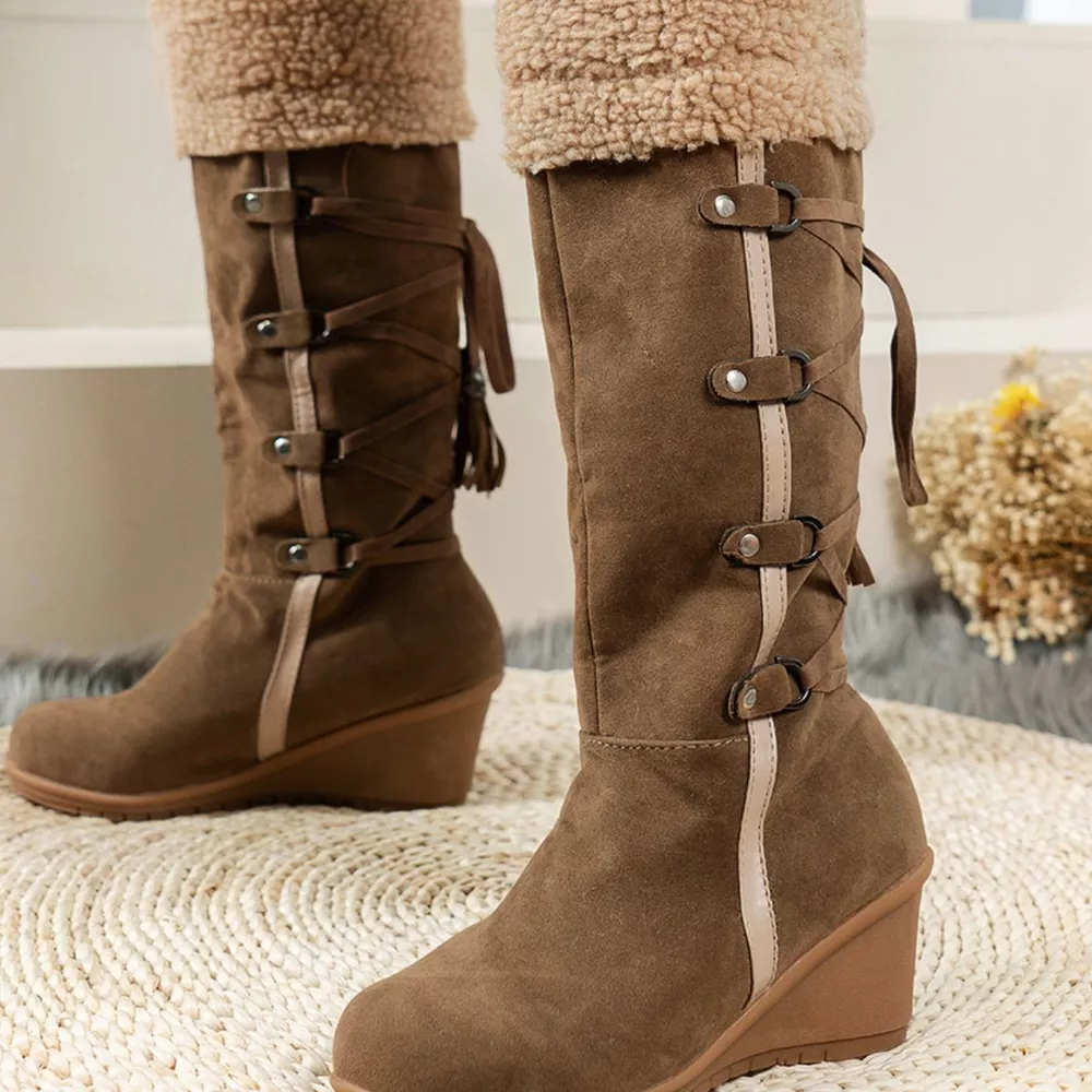 Faux Fur Lined Suede Wedge Boots with Lace-Up Detail, image 10