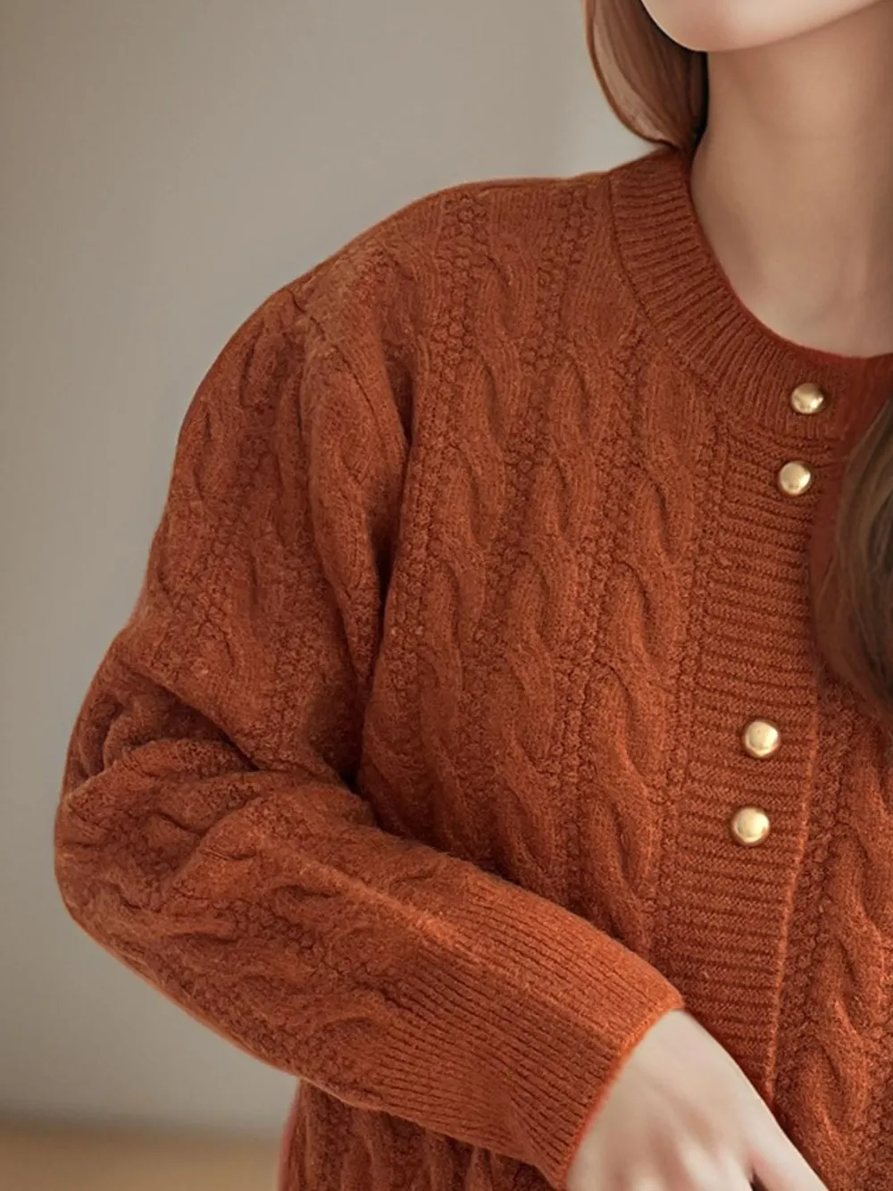 Cable-Knit Round Neck Long Sleeve Cardigan, image 18