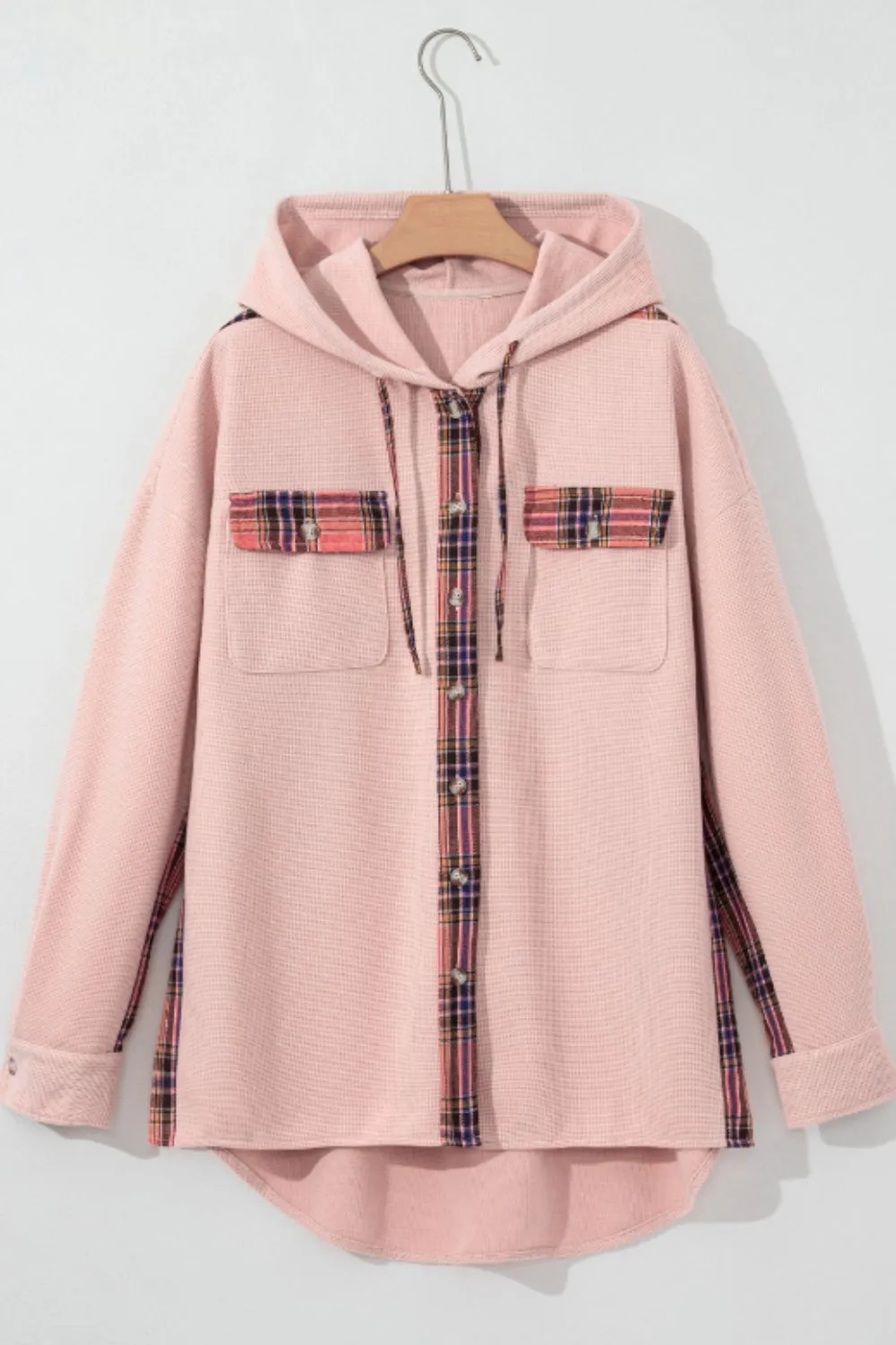 Waffle Knit Plaid Patchwork Drawstring Hooded Shacket, image 12