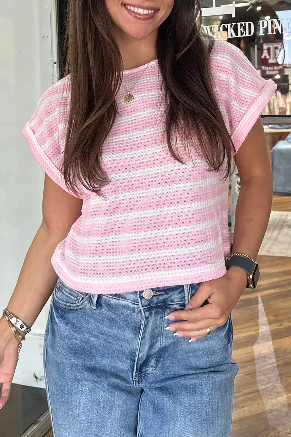 Striped Print Waffle Knit T Shirt, image 4