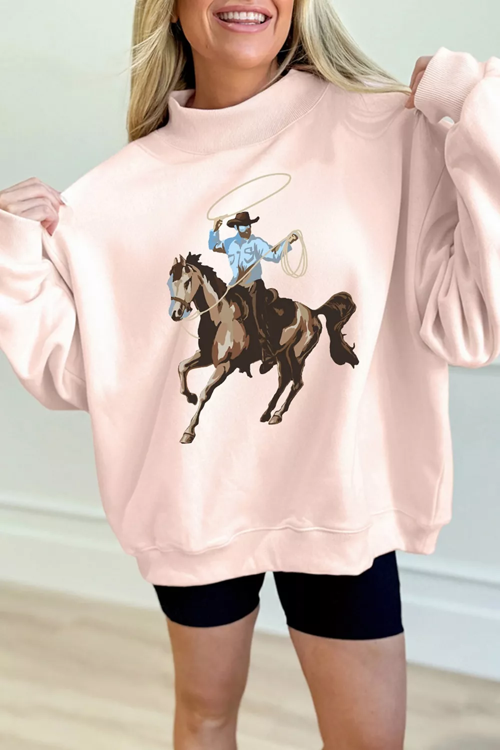 Western Cowboy Rodeo Print Mock Neck Sweatshirt