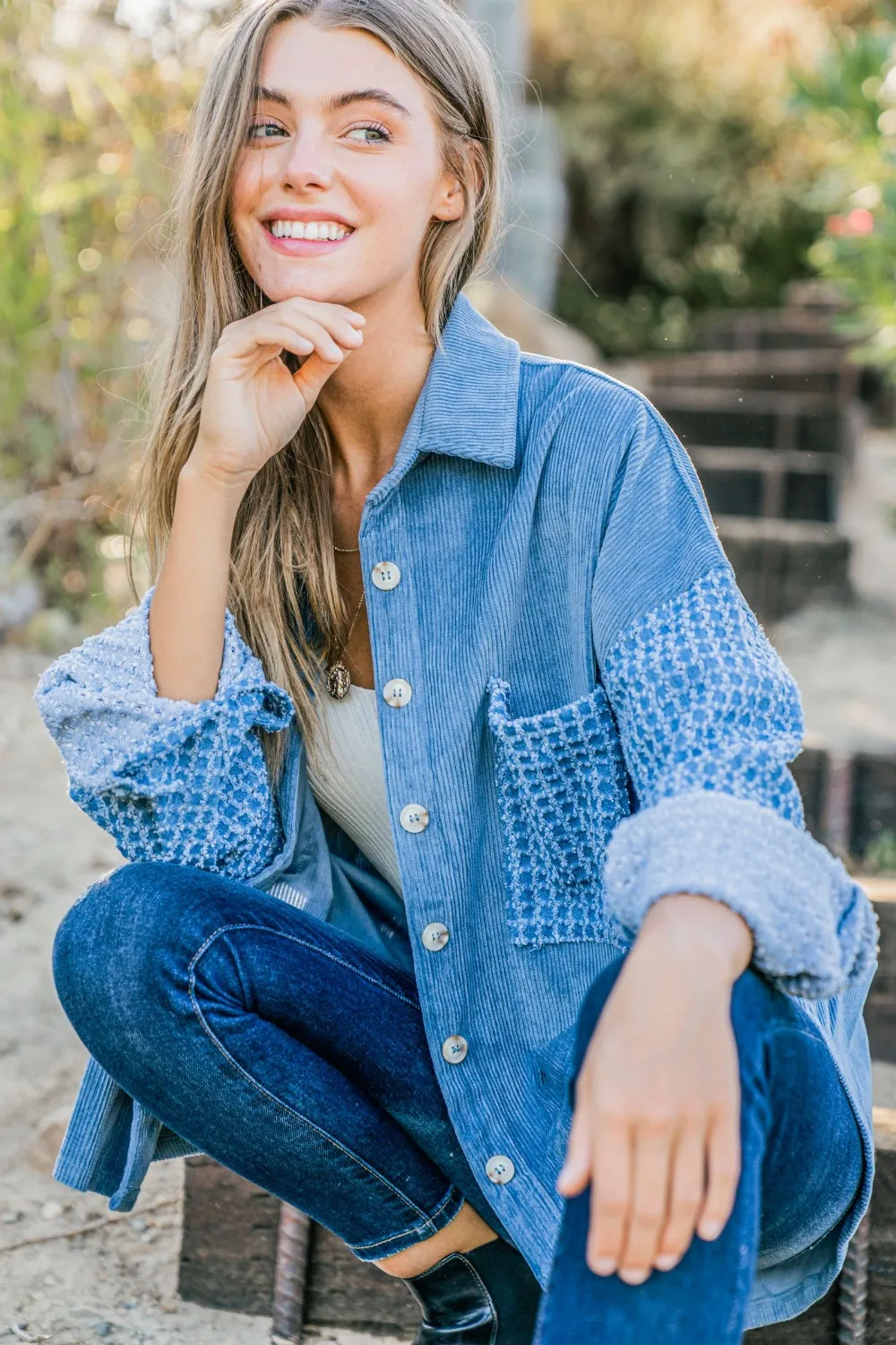 Button Down Corduroy Contrast Texture Long Sleeve Shacket, image 4