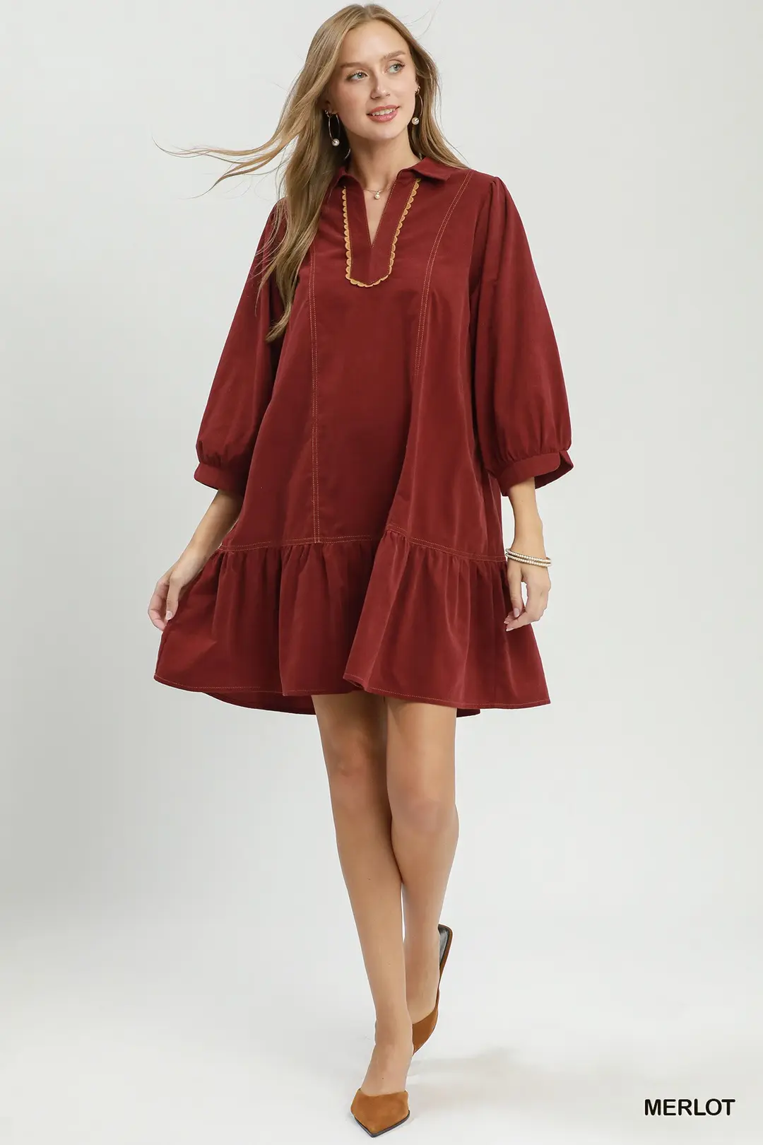 Corduroy Contrast Trim Tiered Babydoll Dress, image 4