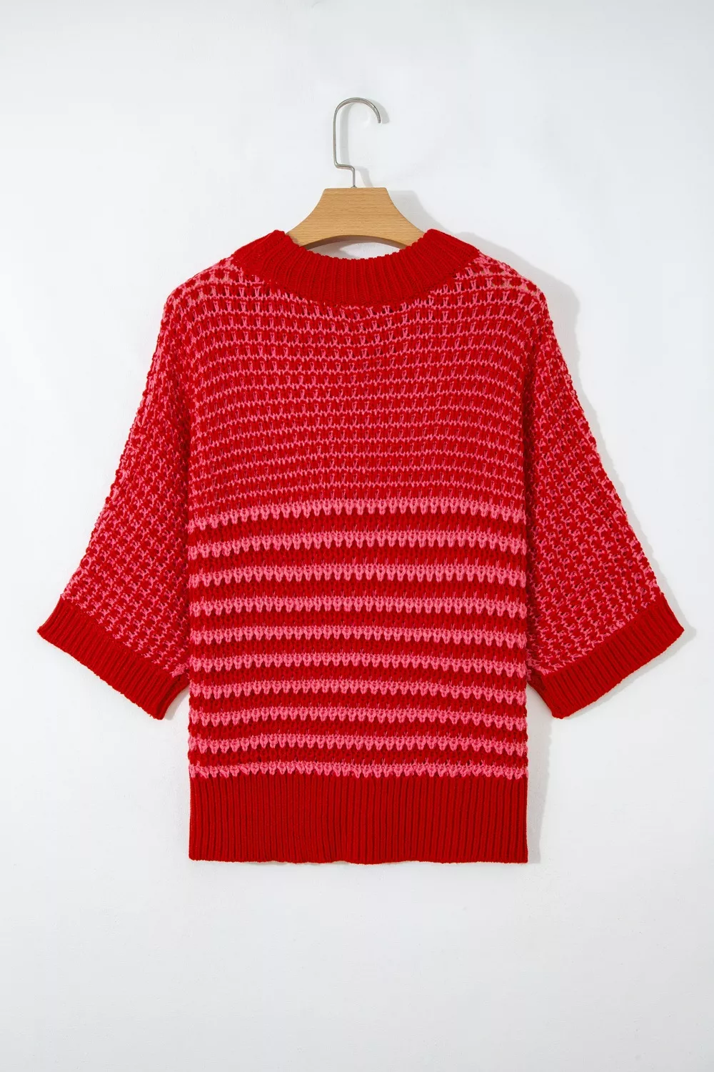 Stripe Wavy Crochet Eyelet Detail Ruffle Half Sleeve Sweater, image 5