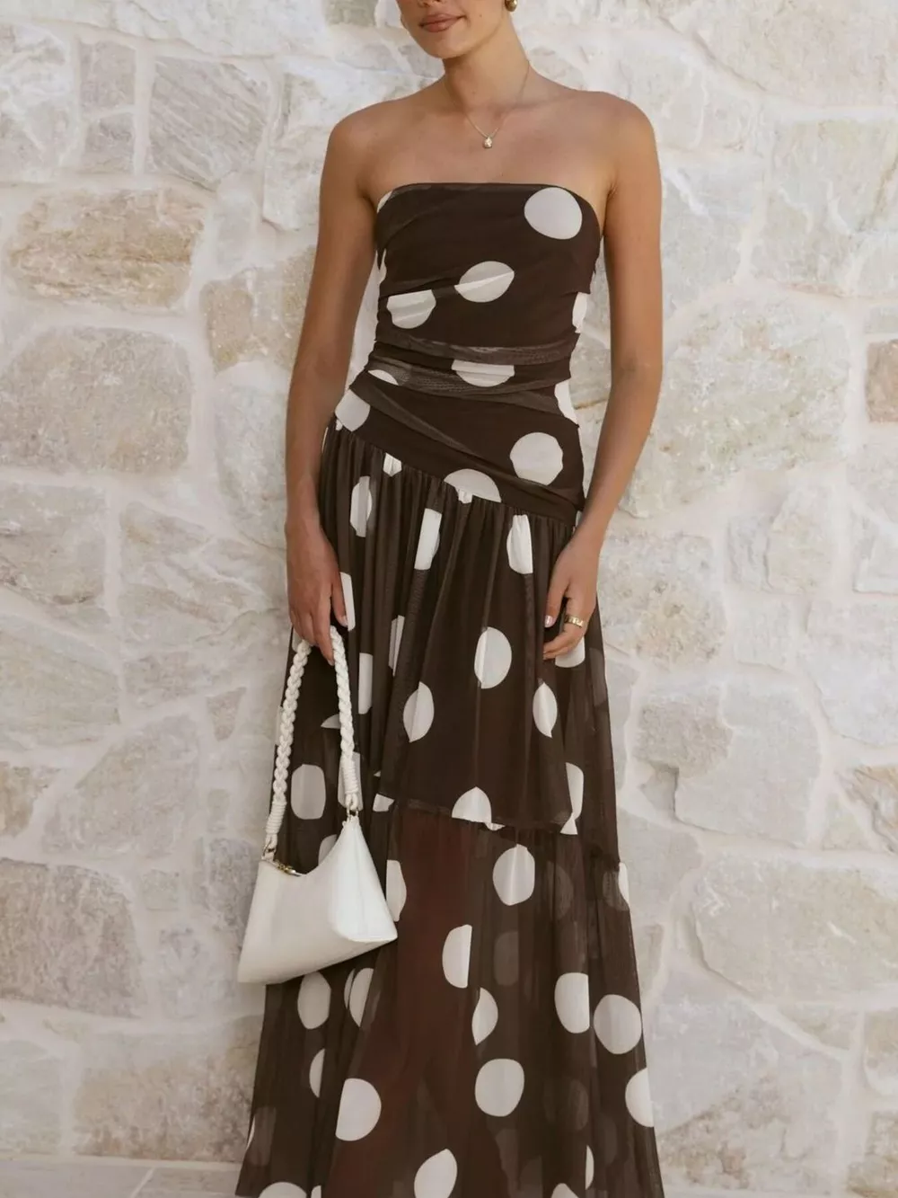 Polka Dot Strapless Ruched Maxi Dress, image 7