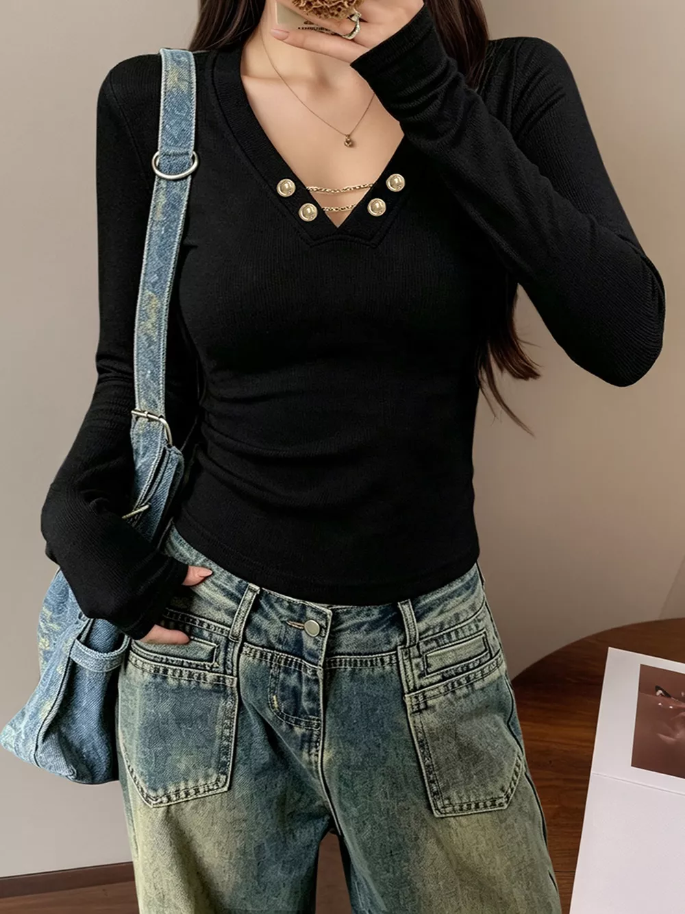Decorative Pearl Buttons V-Neck Long Sleeve T-Shirt, image 7